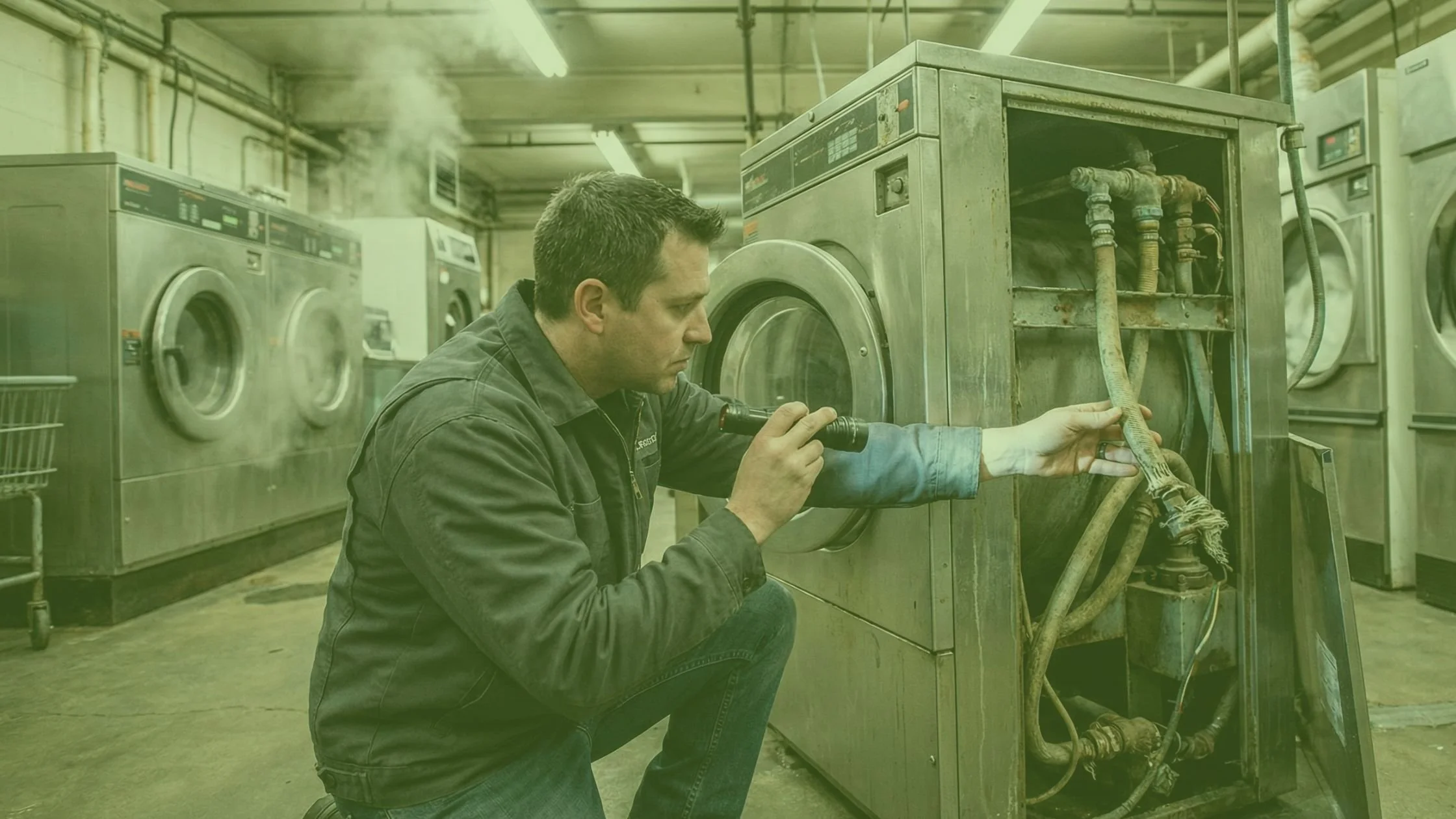 Technician inspecting internal components of used commercial laundry equipment, evaluating wiring, hoses, and mechanical condition for maintenance planning.