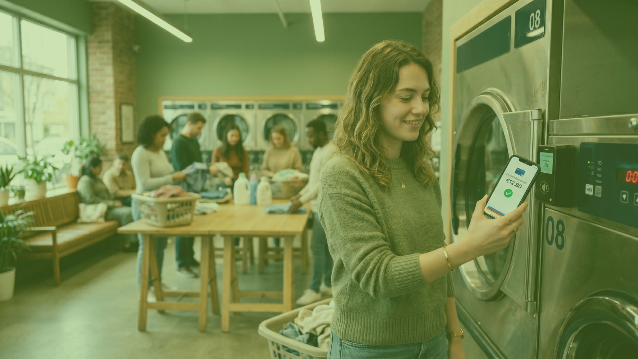Customer using a smartphone to tap and pay at a contactless card reader on a commercial dryer in a laundromat