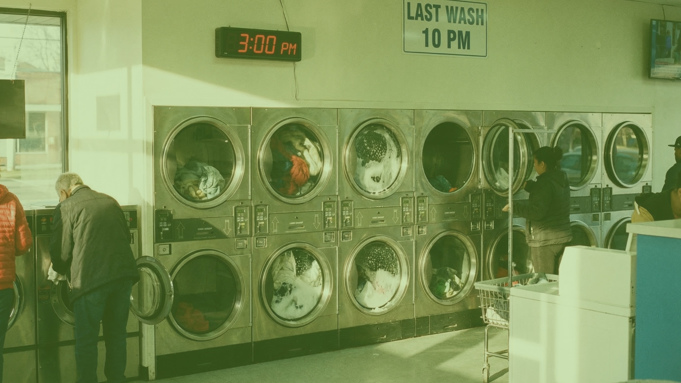 Customers using commercial stacked washers at a busy laundromat during peak operating hours