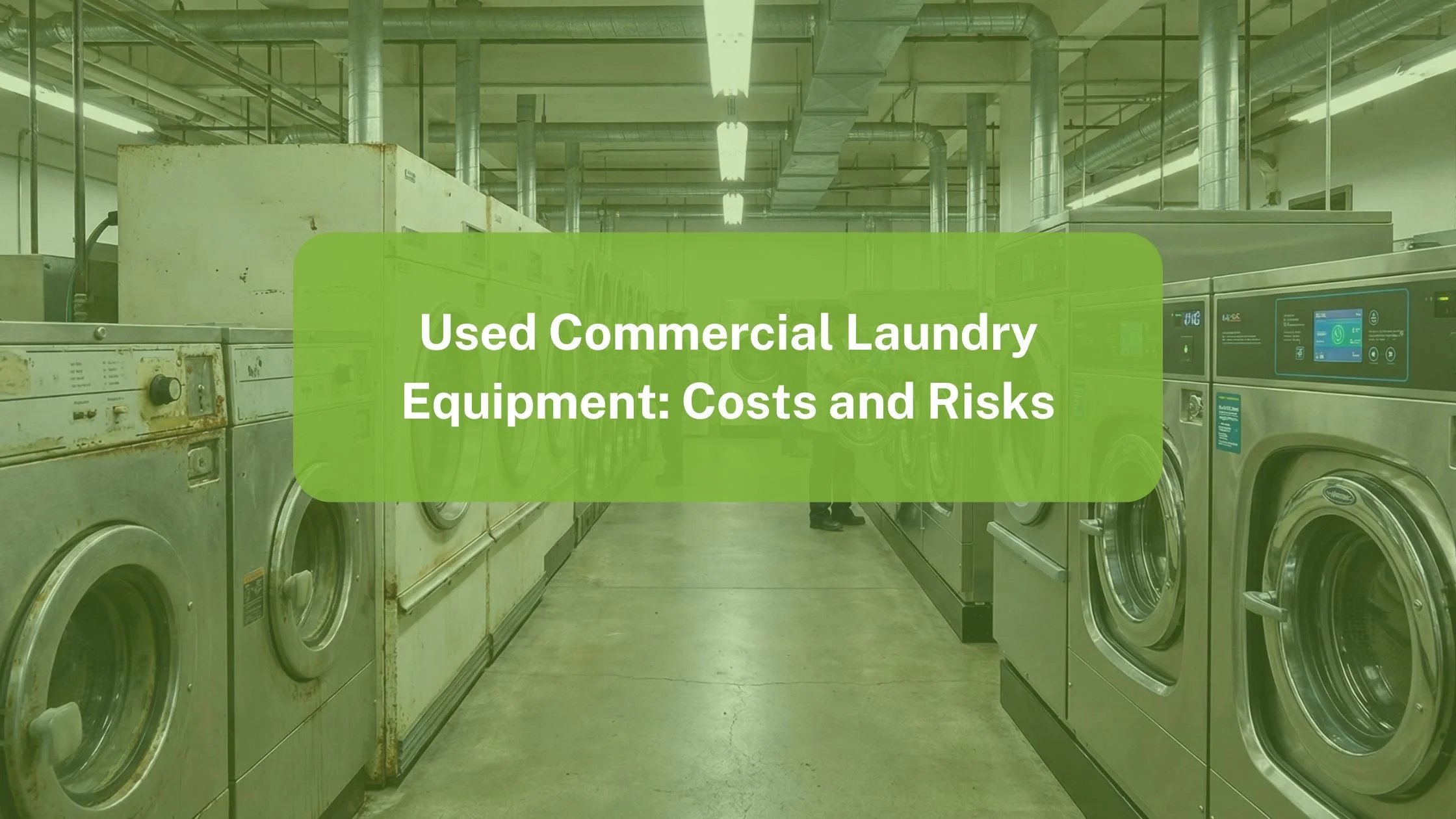 Used commercial laundry equipment lined up inside an industrial laundry facility, showing older washers and dryers with visible wear and dated control panels.