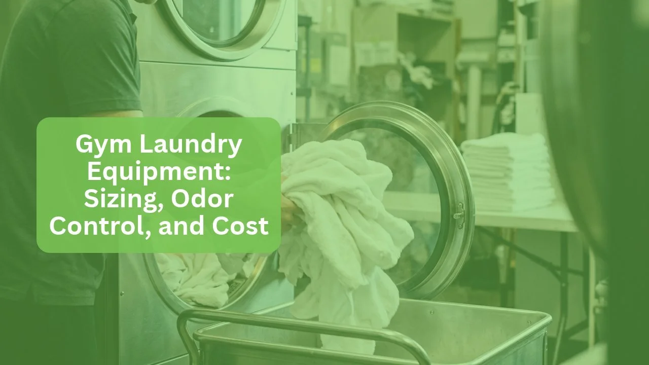Gym laundry equipment in action, staff unloading fresh towels from a commercial dryer into a cart