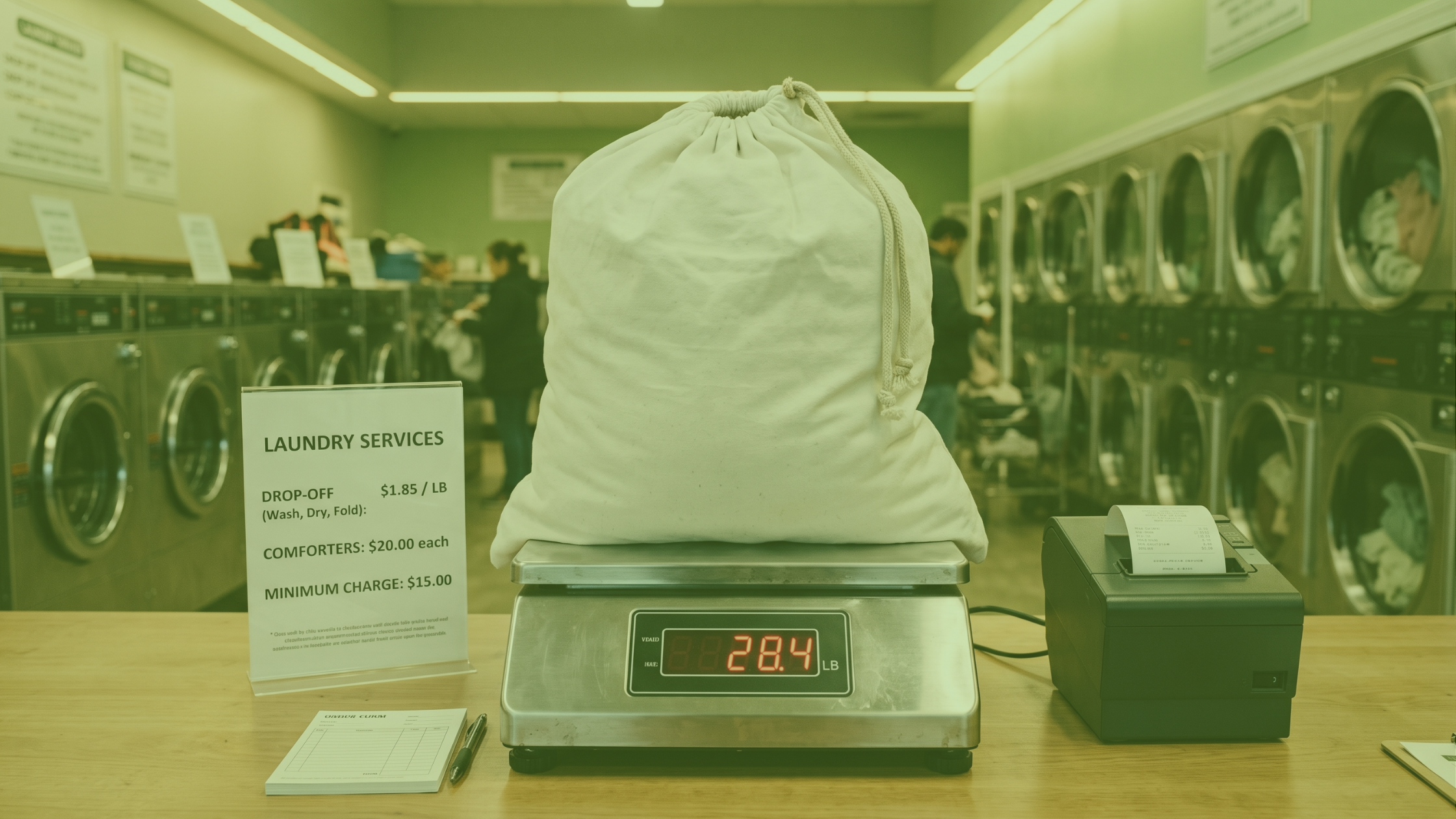 Commercial laundry scale showing a bag of clothes being weighed for wash-and-fold per-pound pricing