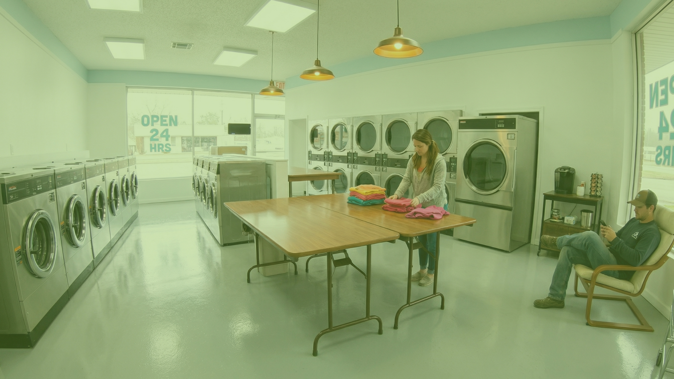 Clean laundromat interior with a customer folding clothes at a central table surrounded by front-load commercial washers and dryers