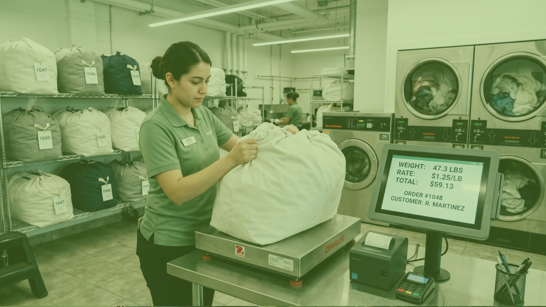 Laundromat attendant weighing a wash-and-fold order on a commercial scale with a POS screen showing per-pound pricing and order total
