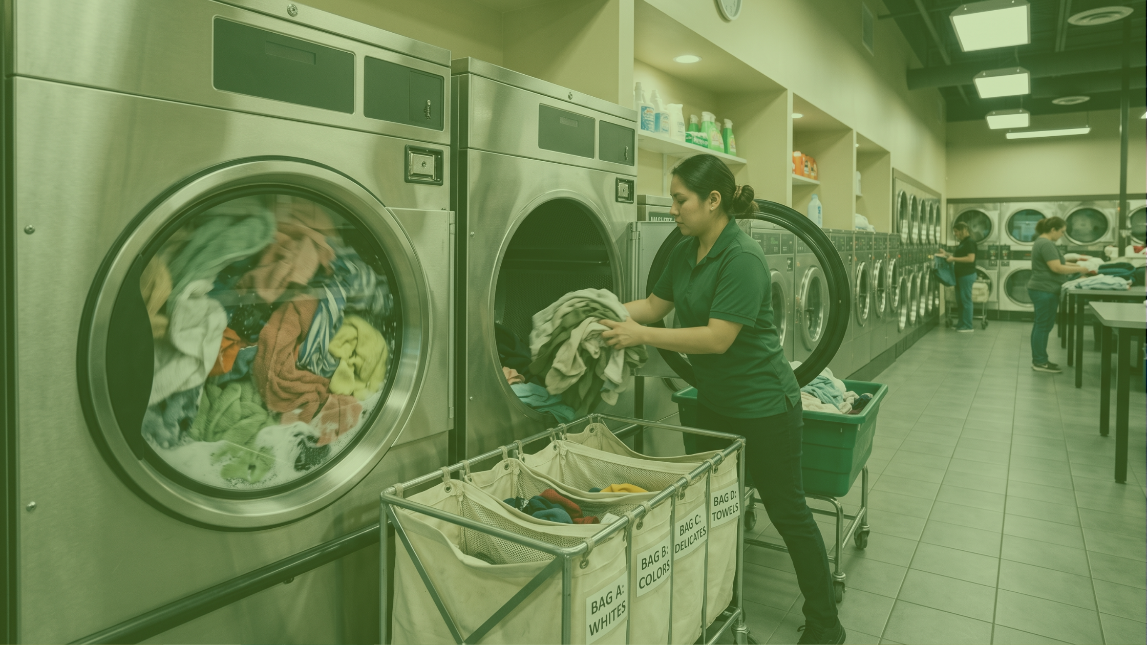 High-extract commercial front-load washer mid-cycle in a busy wash-and-fold laundromat operation