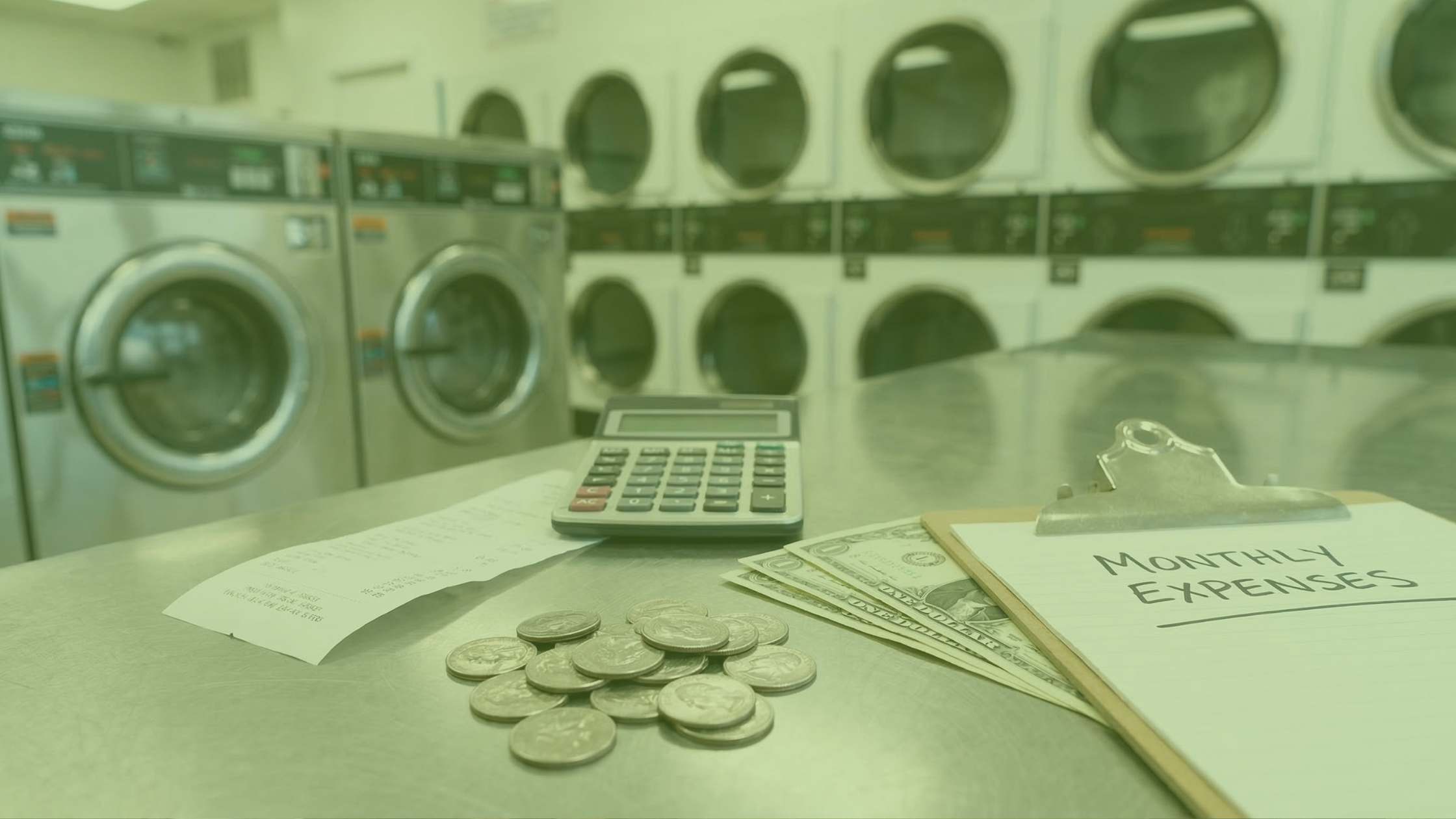 The Monthly Cost to Run a Laundromat blog header featuring a laundromat interior with owners at the counter and customers using machines