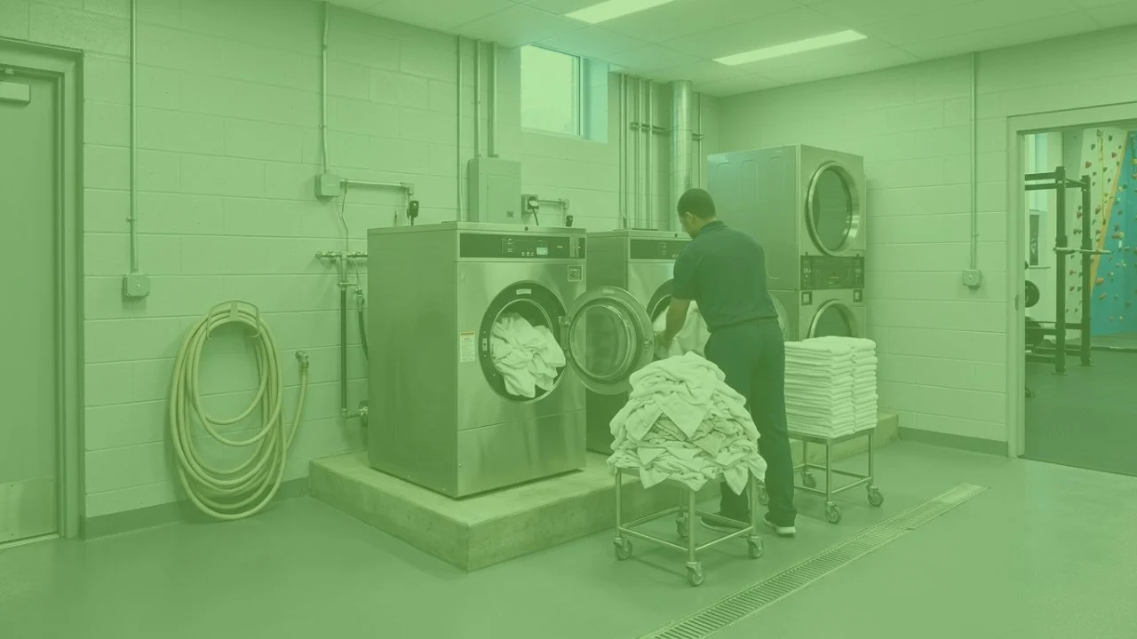 On-premise gym laundry equipment room with washer-extractors and stacked dryers beside a fitness floor