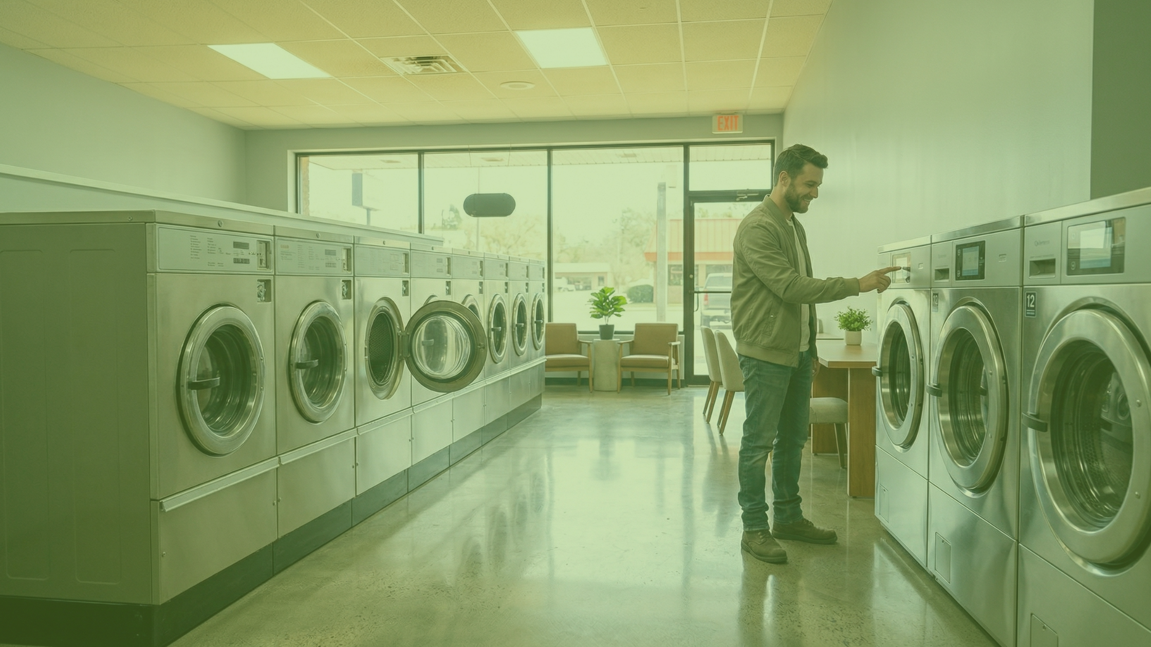 Customer selecting a wash cycle on a modern front-load commercial washer in a renovated laundromat with polished floors and comfortable seating