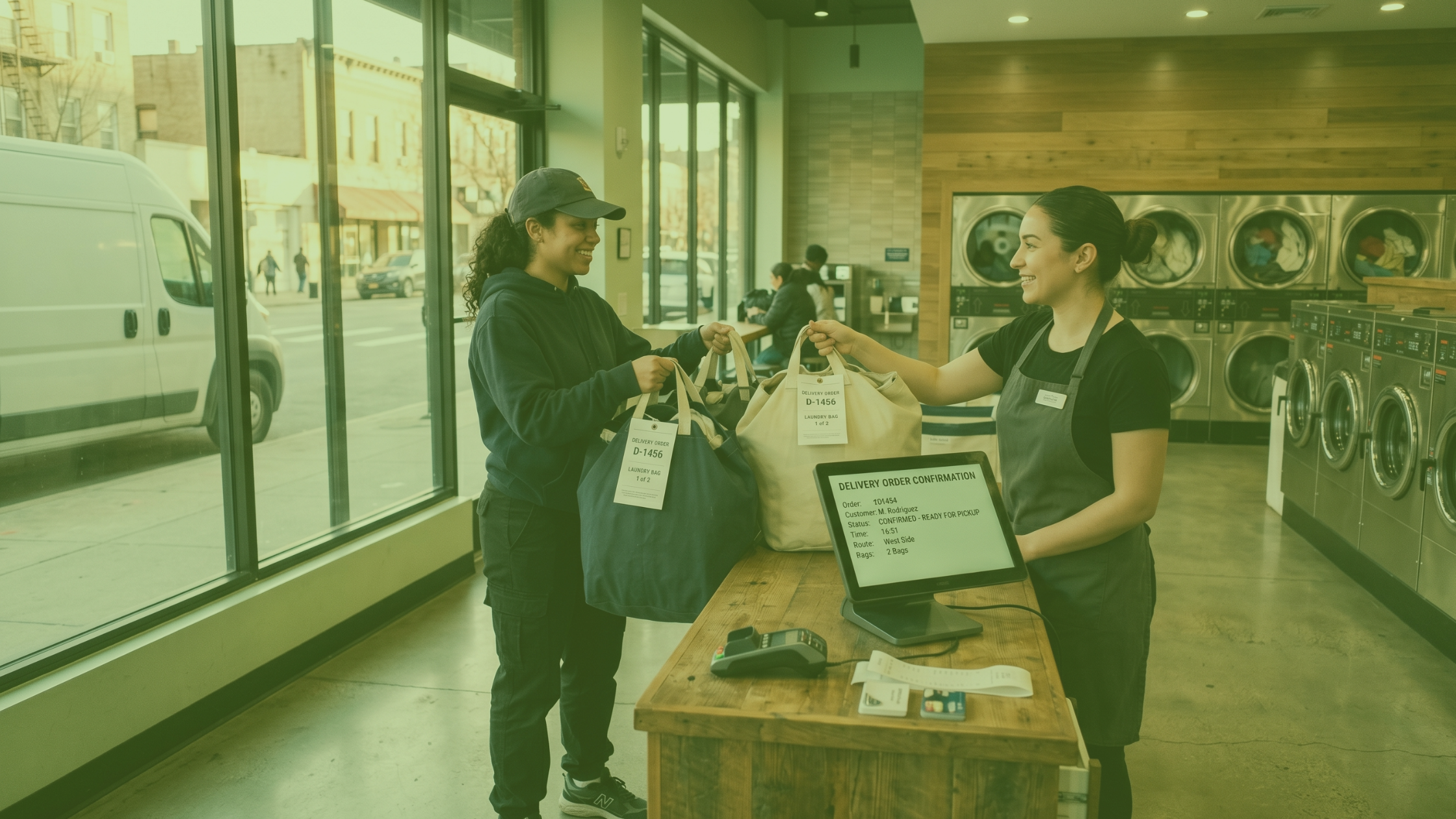 Delivery driver picking up labeled laundry bags from a laundromat counter for customer delivery
