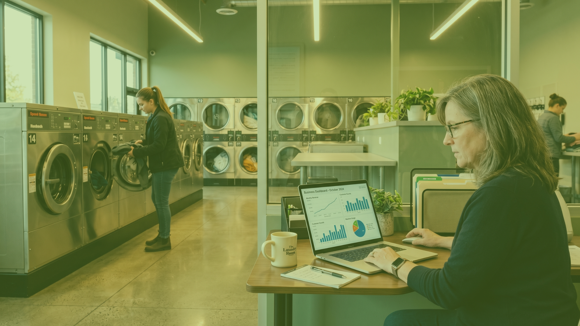 Laundromat owner reviewing POS sales reports and analytics on a laptop inside the store