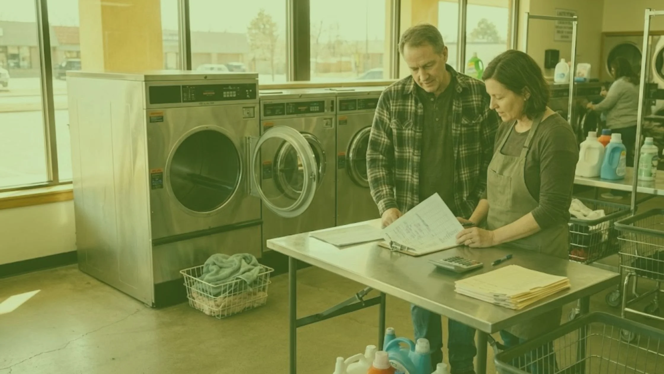 Two laundry facility staff reviewing service paperwork and a maintenance log beside commercial laundry machines.
