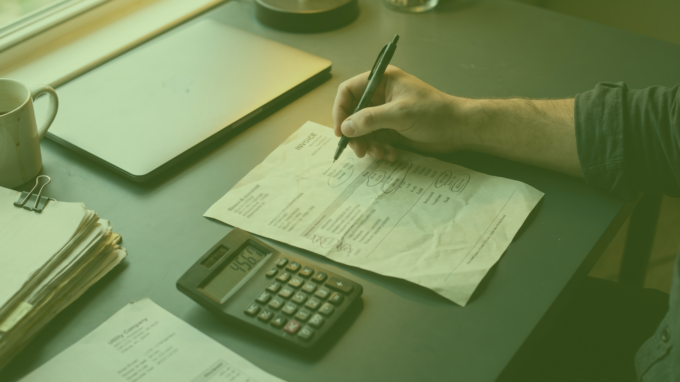 Facility manager reviewing a linen invoice to compare in-house laundry vs outsourcing costs