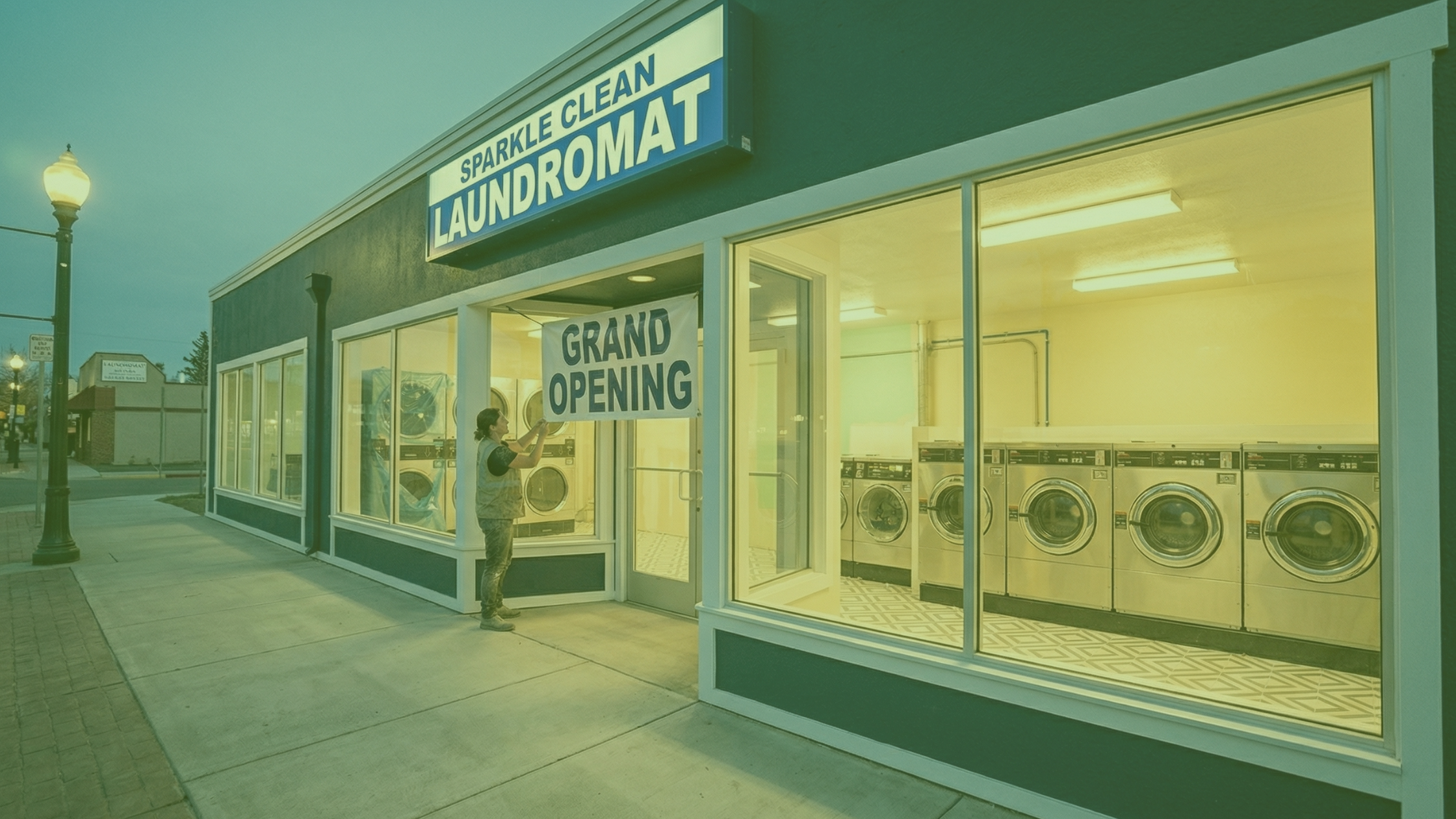 Exterior of a renovated laundromat with a grand opening banner and new front-load commercial washers visible through storefront windows