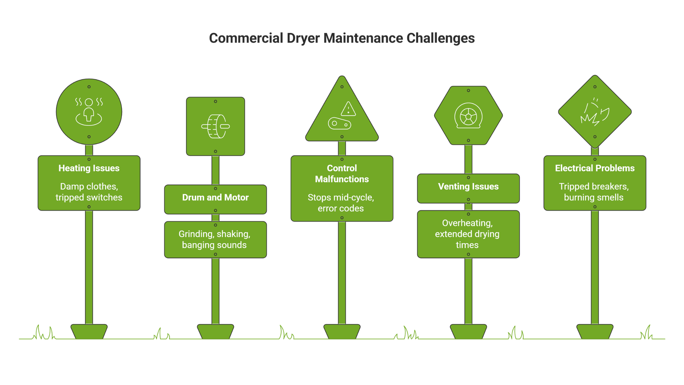 Infographic of common Commercial Dryer Repair issues including heating problems, drum and motor noise, control malfunctions, venting issues, and electrical faults.