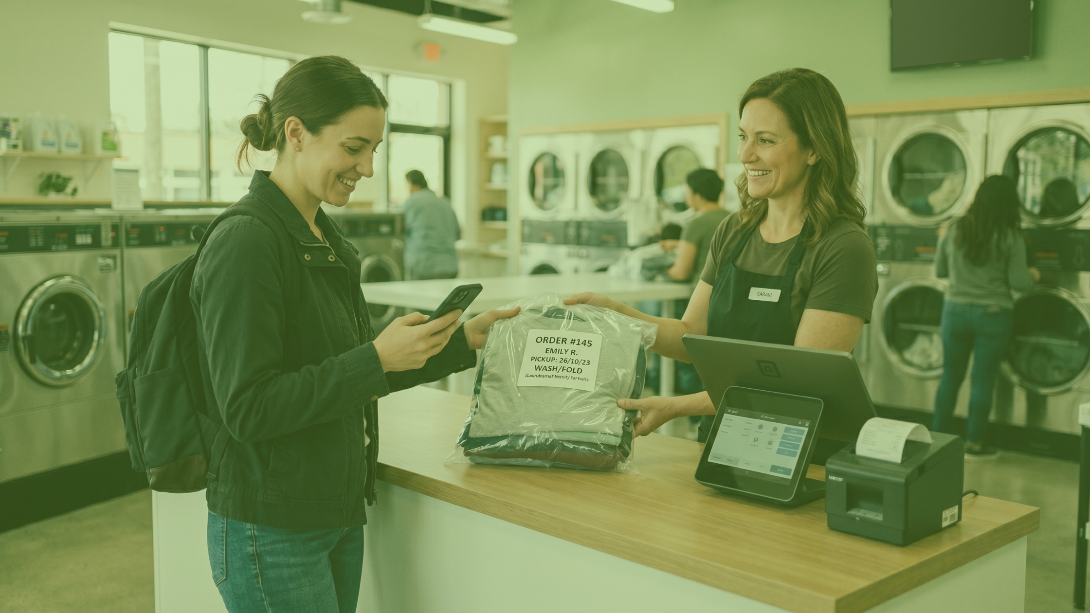 Customer picking up a labeled wash-and-fold order from a laundromat counter with a POS terminal visible