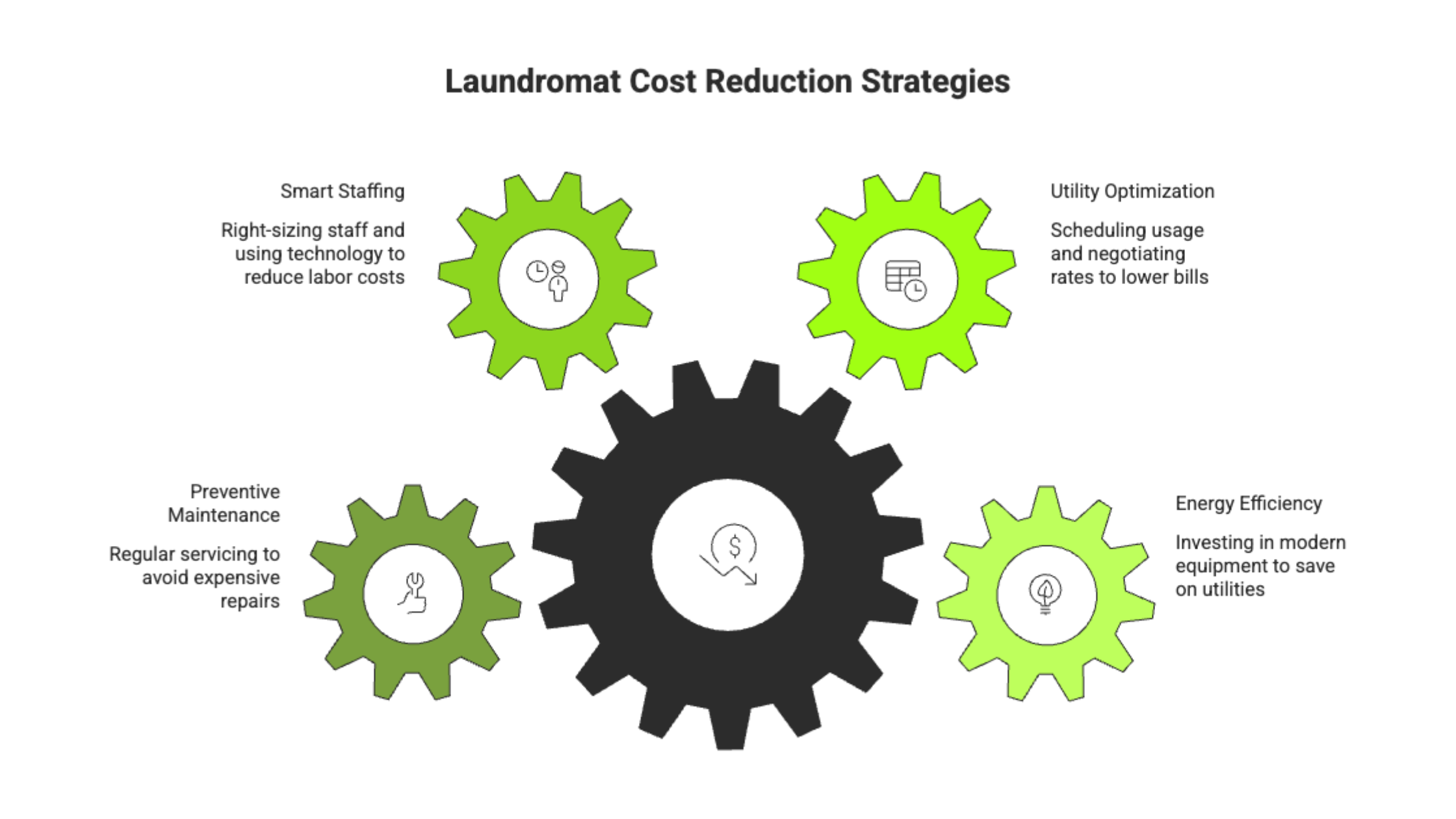 Infographic showing four laundromat cost reduction strategies - smart staffing, utility optimization, preventive maintenance, and energy efficiency - displayed as interlocking gears