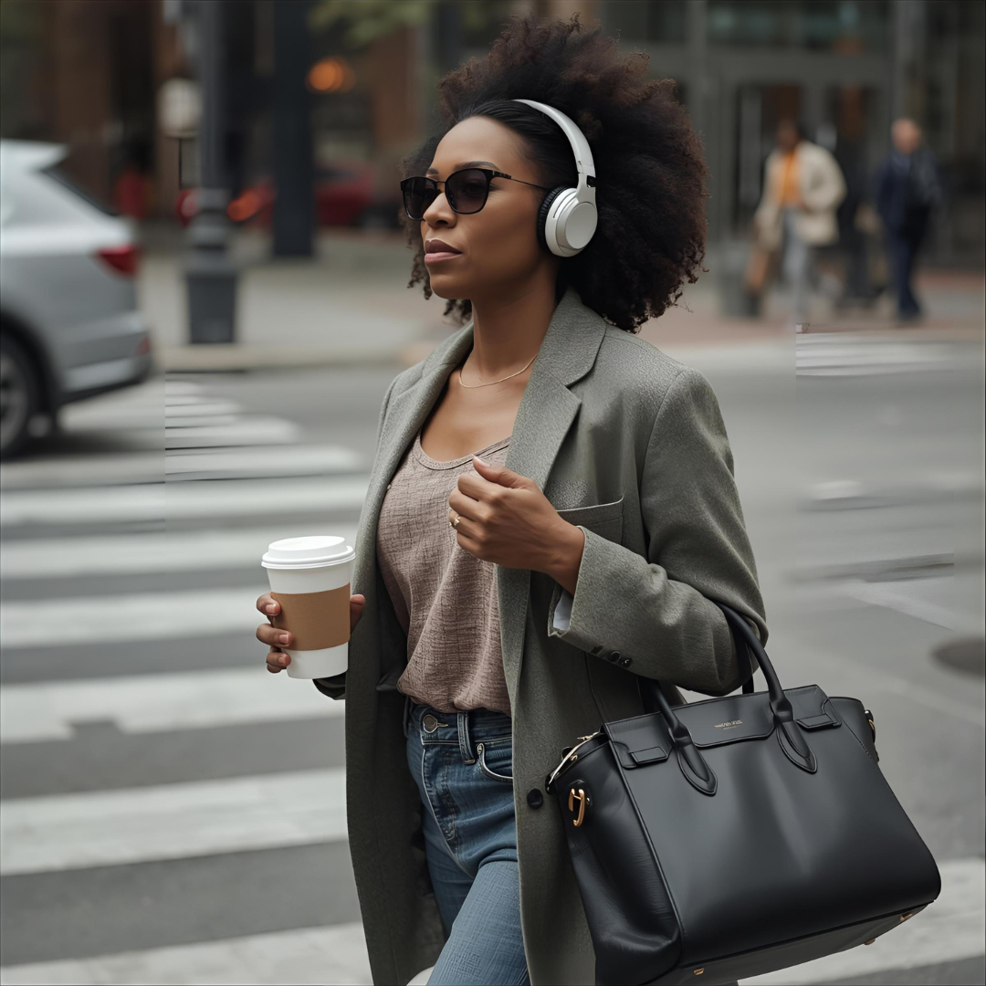 black woman professional walking in city listening to headphone with sunglasses