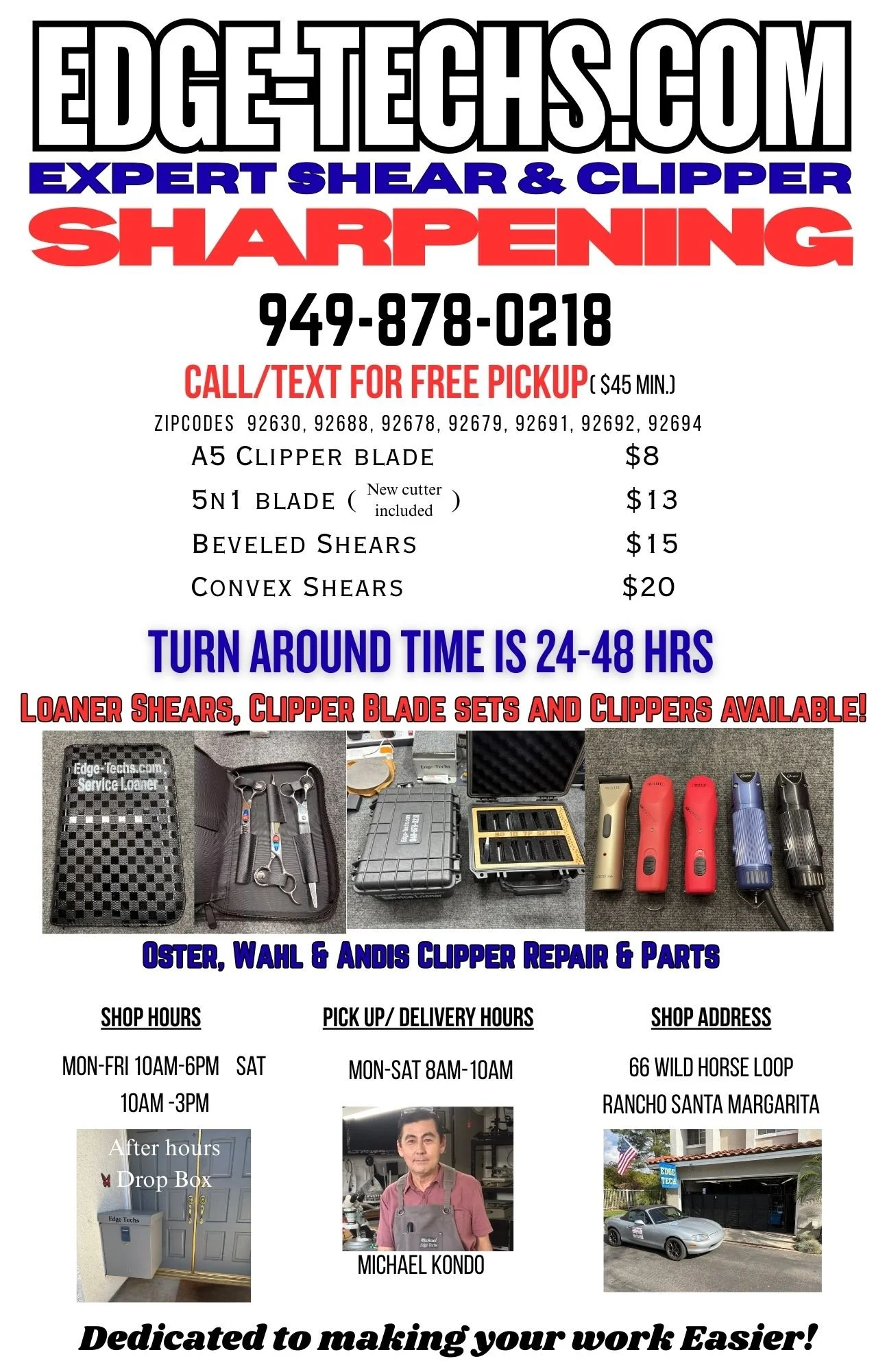 Flyer advertisement for Edge Techs.com offering expert shear and clipper sharpening services with various prices. Includes contact number, pickup times, shop hours, service location, and images of clipper repair tools.