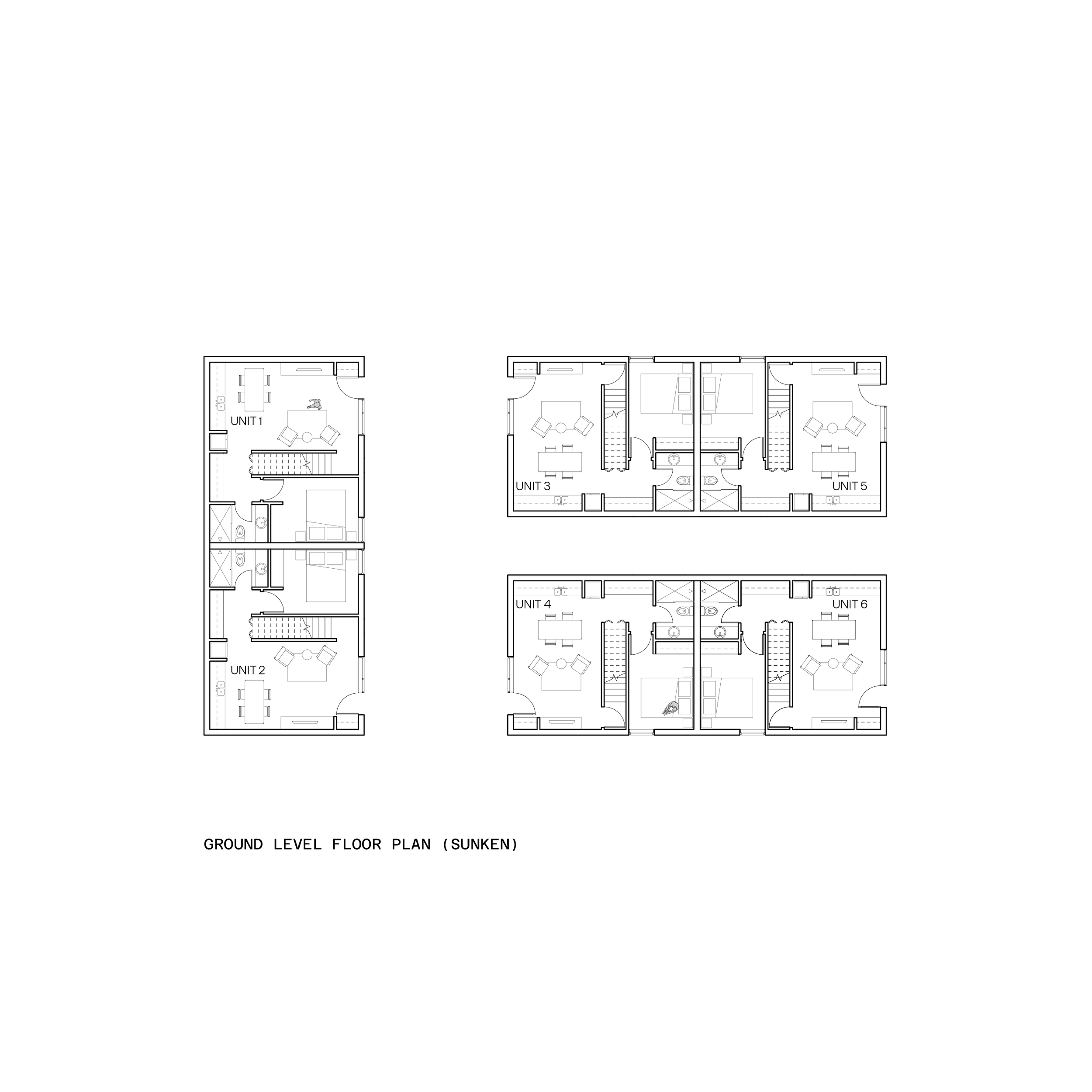 Floor plan of six residential units labeled 1 to 6, showing living rooms, bedrooms, bathrooms, and kitchens, with stairs indicating multiple floors, titled 'Ground Level Floor Plan (Sunken)'.