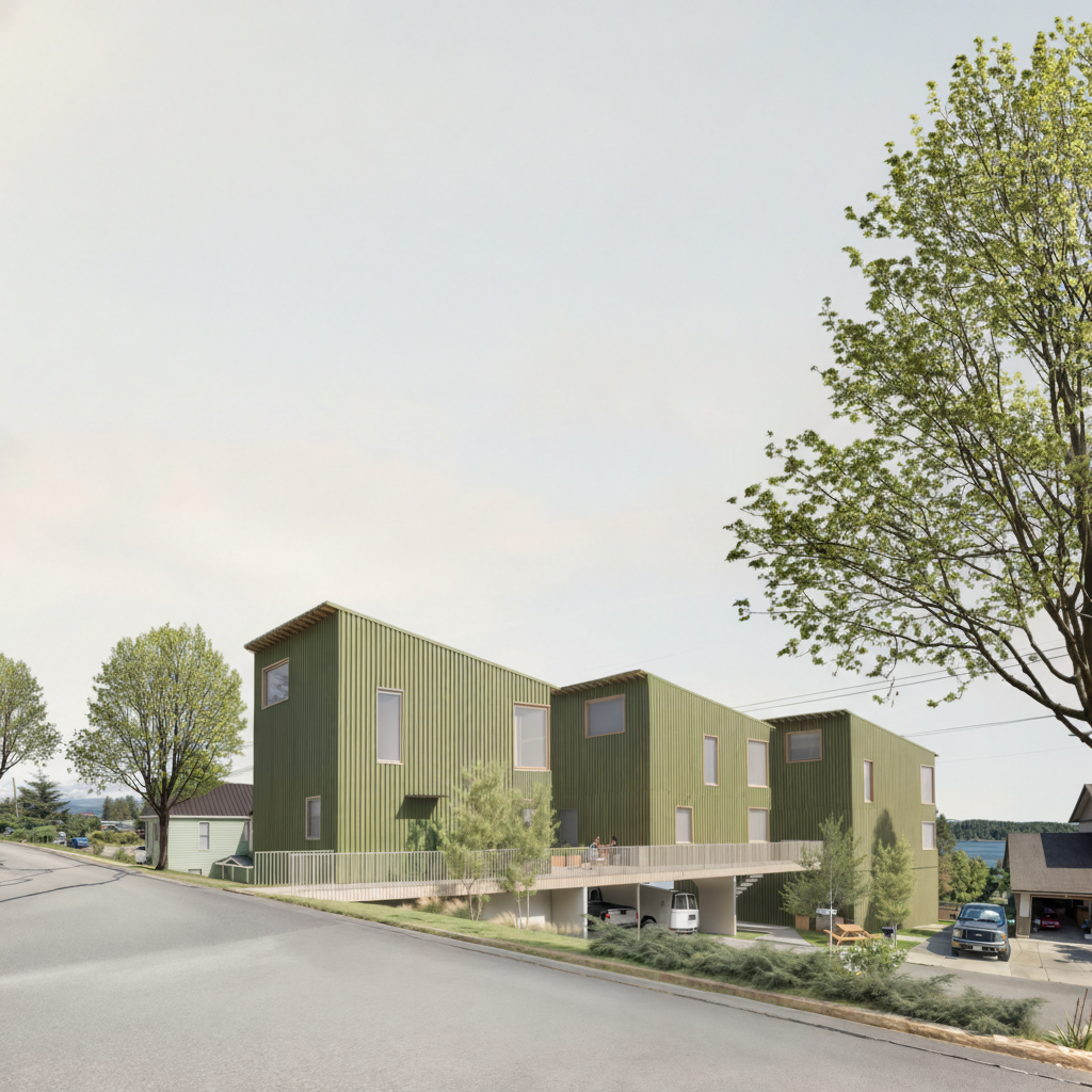 Modern green multi-story apartment buildings situated on a sloped street with trees and parked cars.