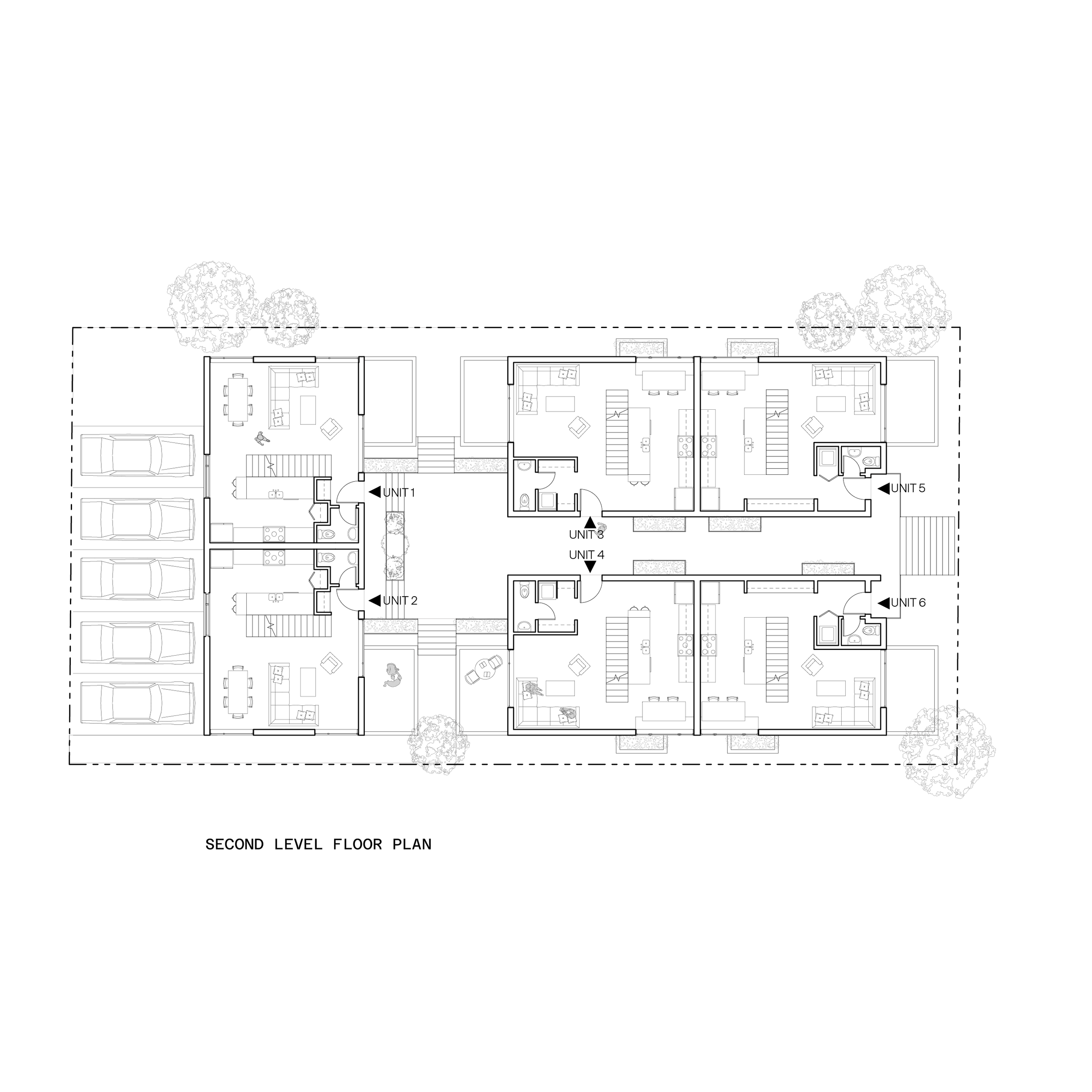 Second level floor plan of a multi-unit residential building showing six units, parking spaces on the left, trees surrounding the building, and interior layouts with living rooms, bedrooms, bathrooms, and kitchens.