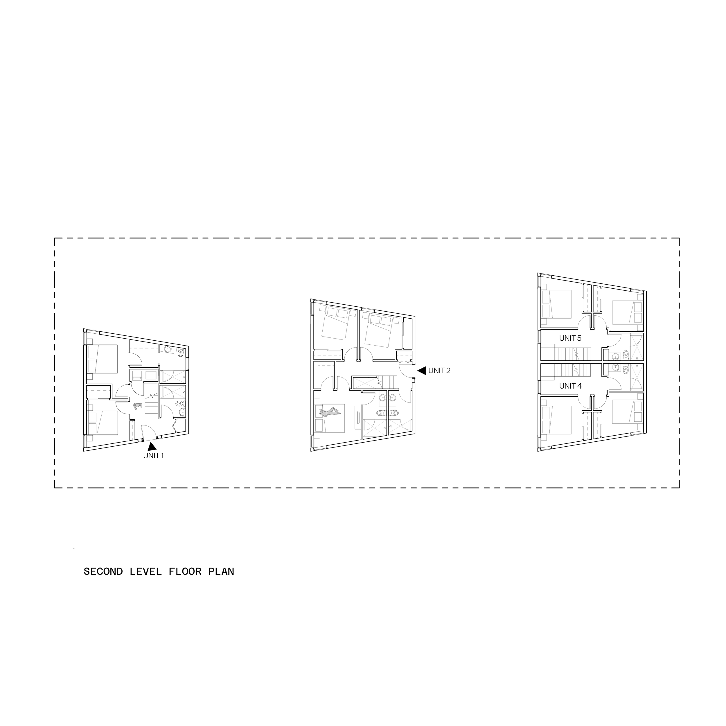 Floor plan of second level with three different apartment layouts labeled UNIT 1, UNIT 2, and UNIT 5, showing room arrangements and furniture.