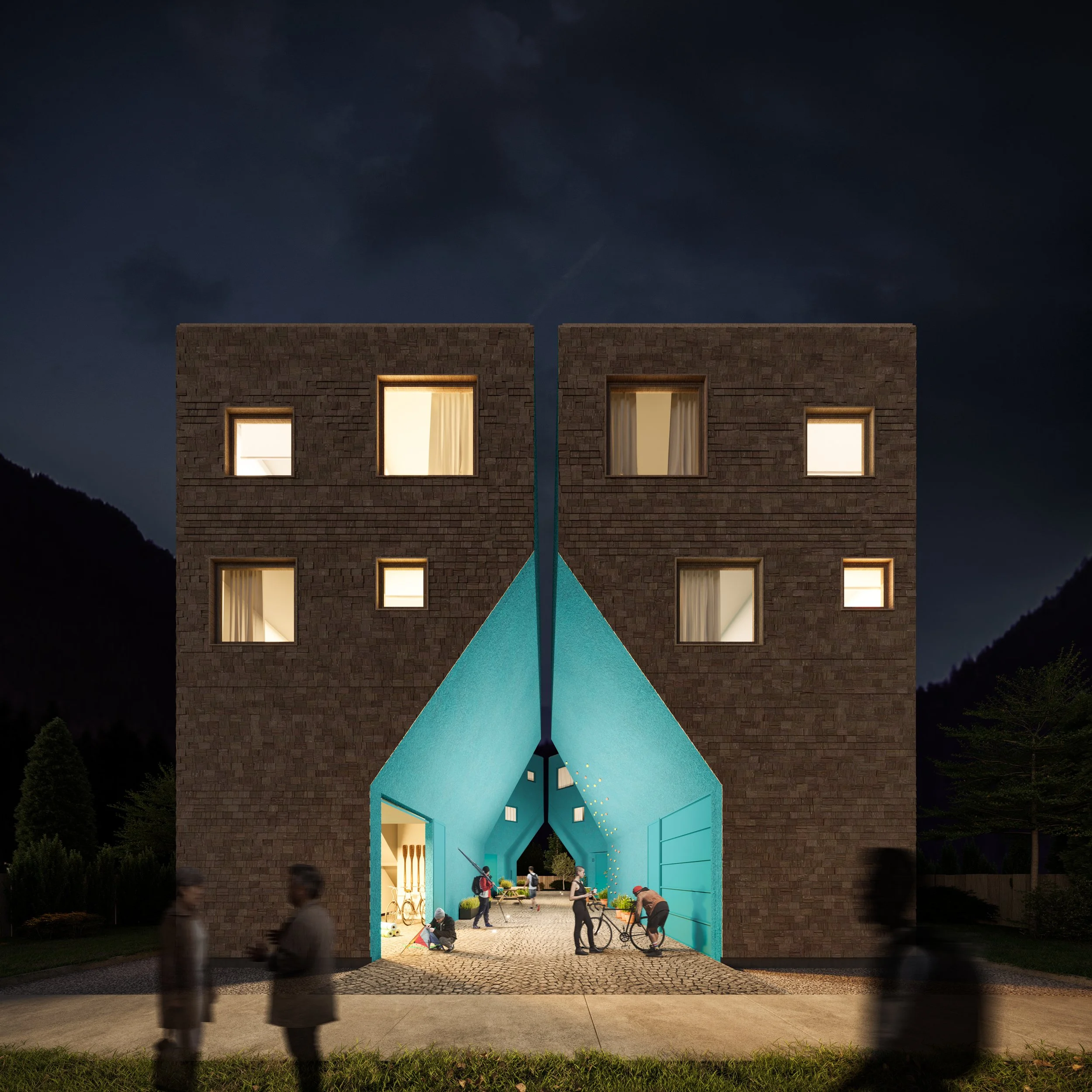 Night view of modern residential buildings with illuminated windows and an open courtyard with people biking and socializing.