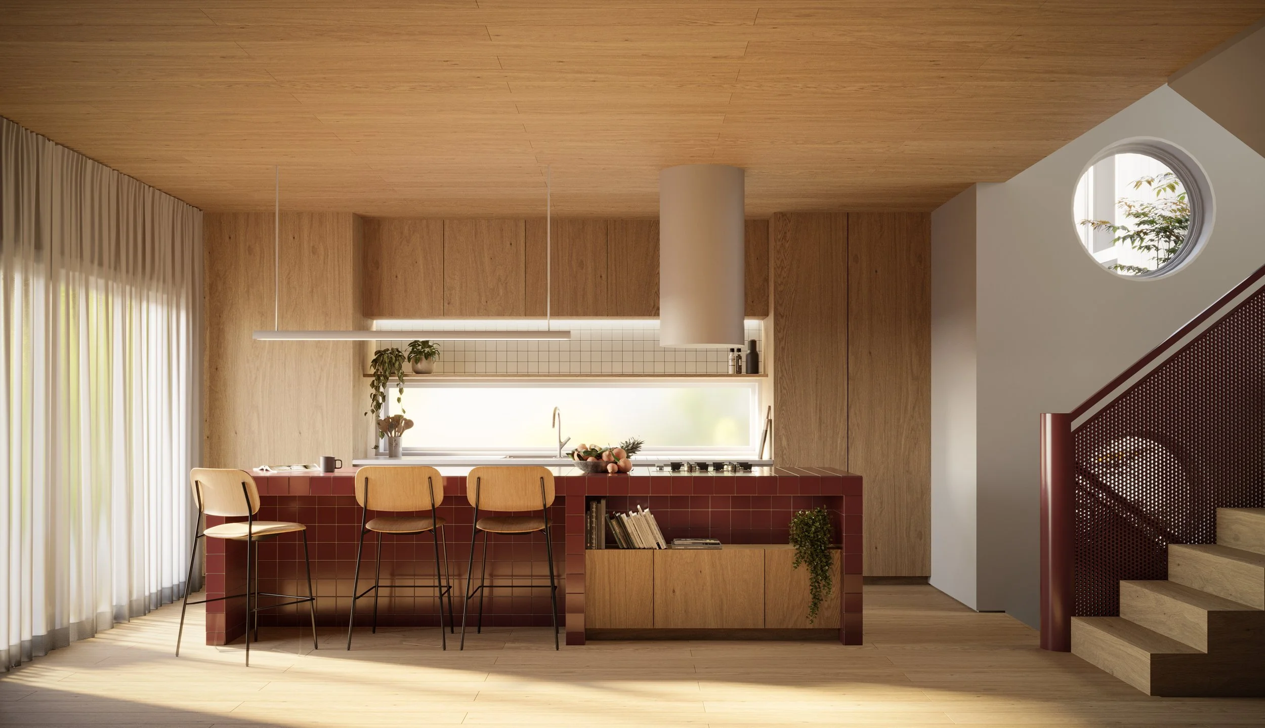 Modern kitchen with a wooden ceiling, beige cabinets, a white window, and a red tiled kitchen island with three barstools. There are plants and books on the island, and a staircase with a red railing is visible on the right.