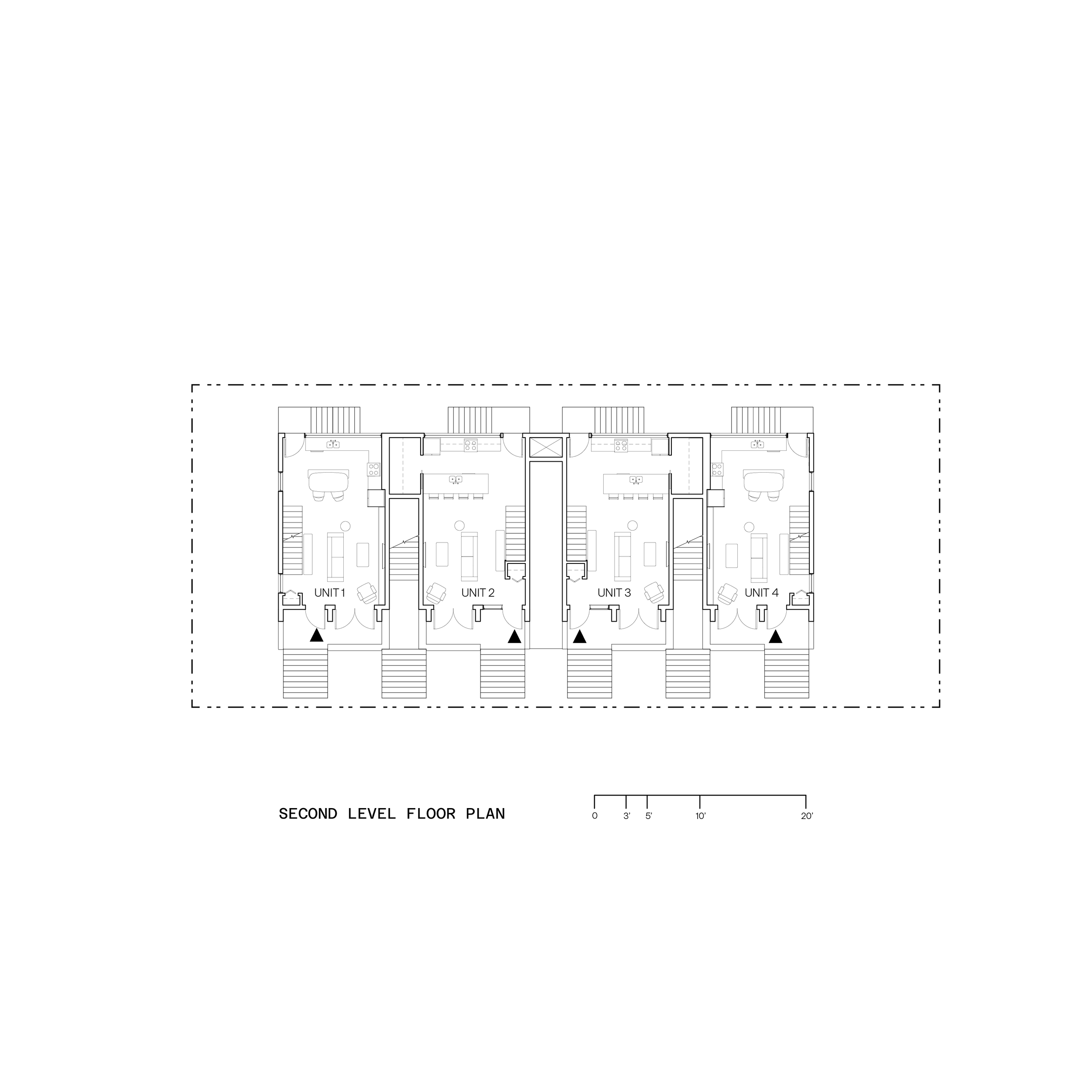 Second level floor plan of four adjacent residential units labeled Unit 1, Unit 2, Unit 3, and Unit 4, showing room layouts and staircases.