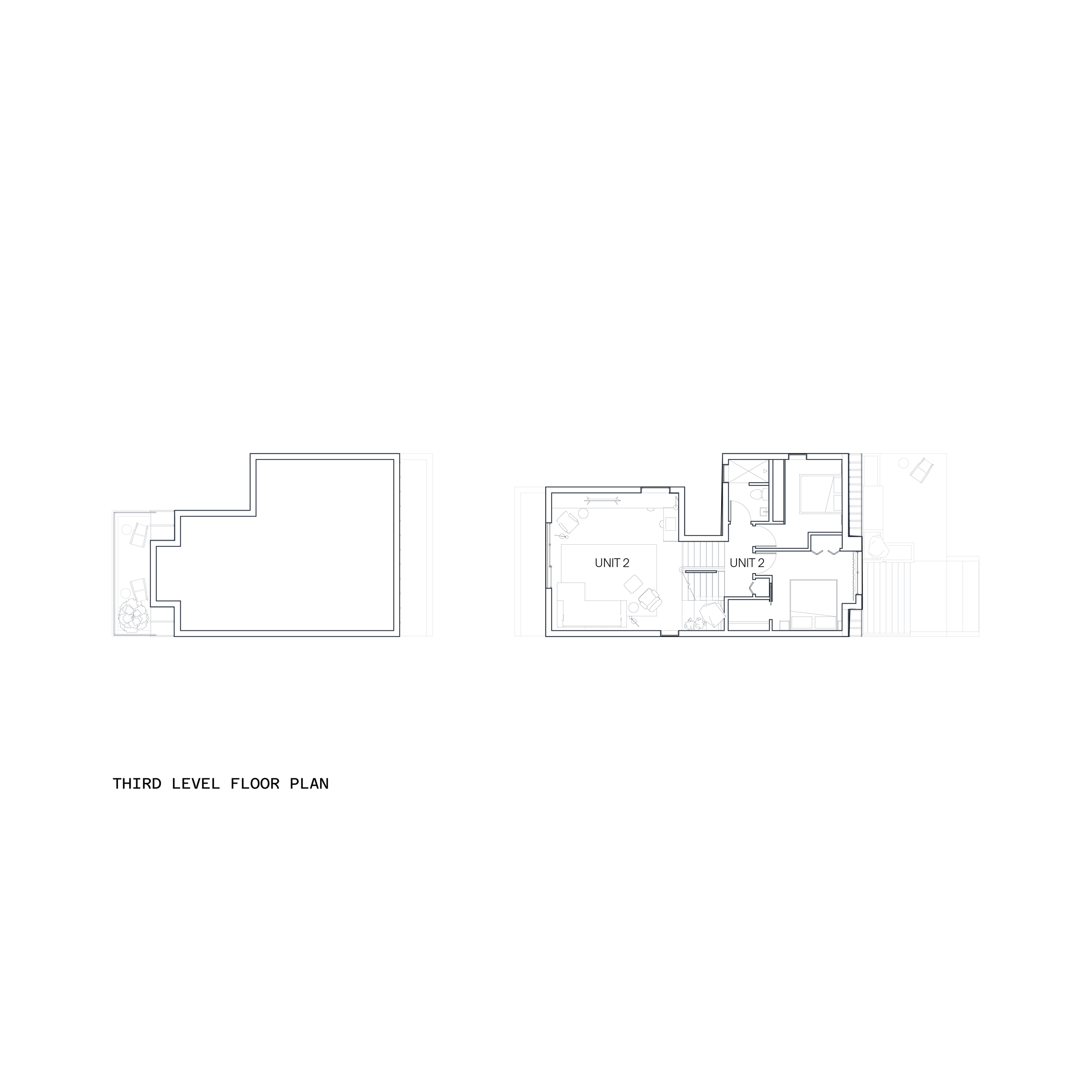 Architectural blueprint showing the third level floor plan of a building with two units, including living areas, bedrooms, and bathrooms, with a clear label and outlines of the rooms.