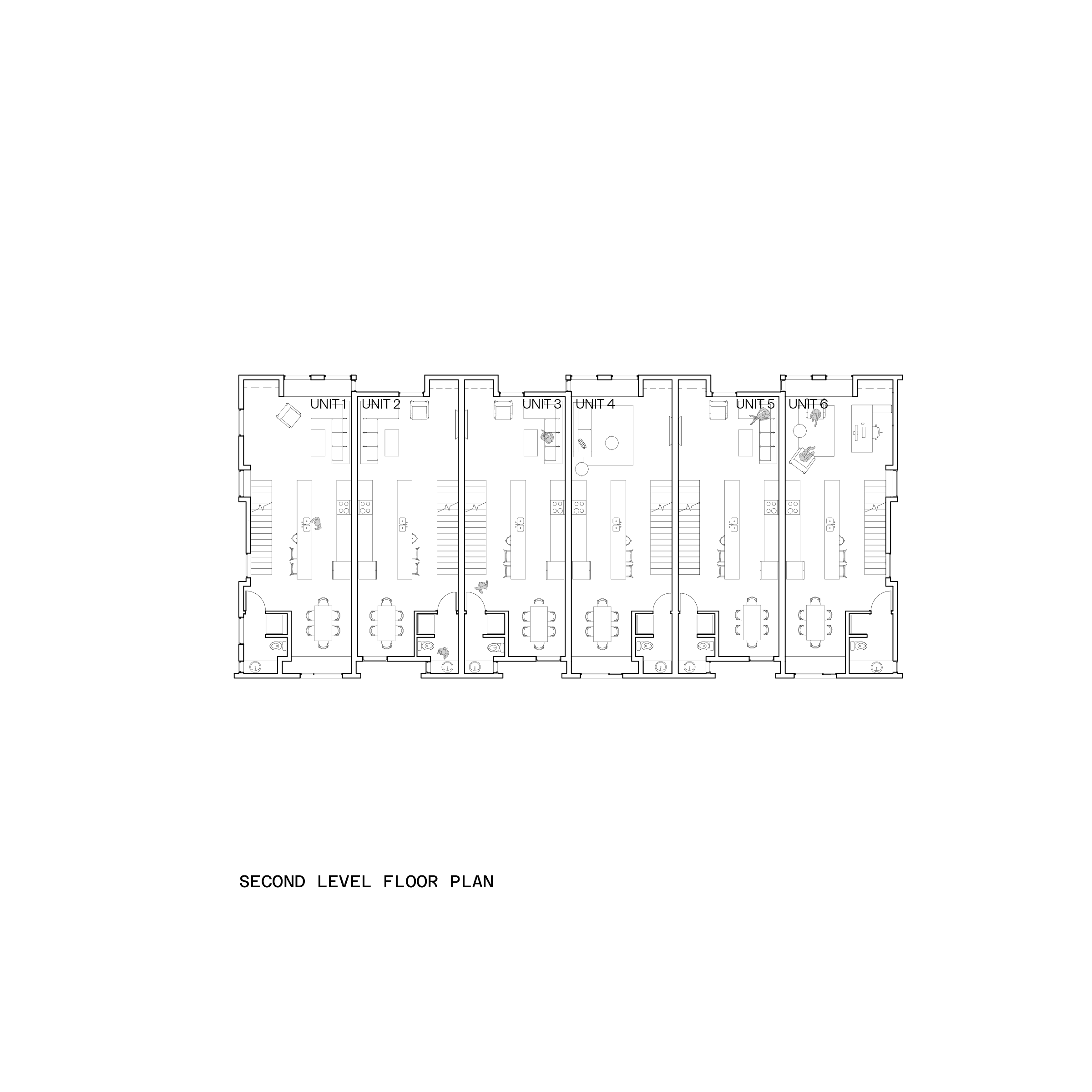 Architectural floor plan labeled 'Second Level Floor Plan' showing six apartment units, numbered 1 to 6, each with living areas, kitchens, bedrooms, and bathrooms.