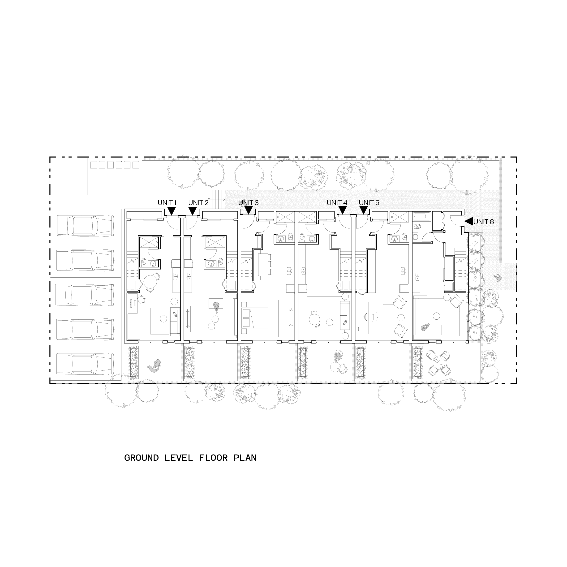 Architectural floor plan of a building's ground level with six units, outdoor parking on the left, and landscaped area with trees at the top and bottom.