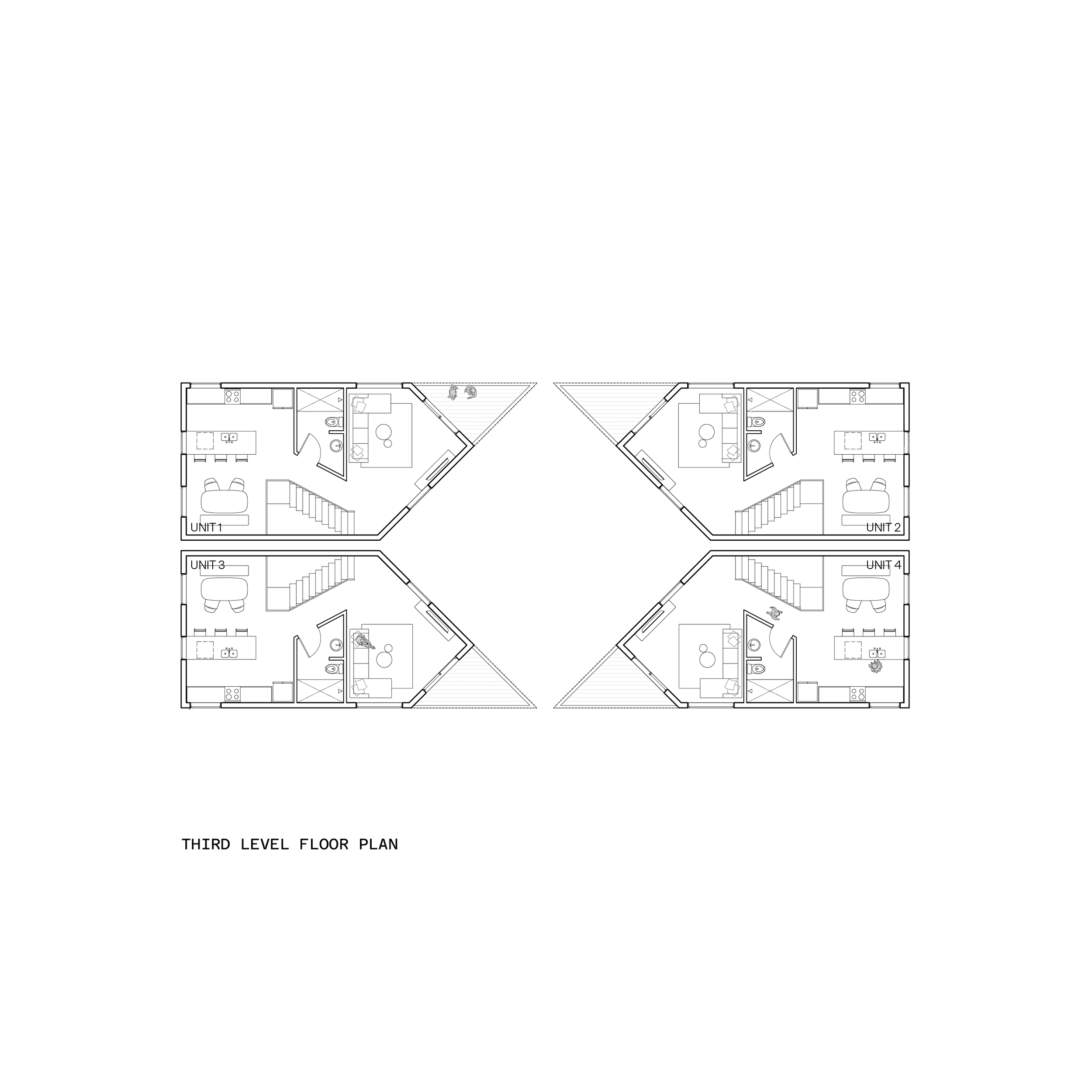 Third level floor plan of a residential building with four units, each with living room, kitchen, bedroom, bathroom, and stairs, arranged in a mirrored layout around a central open space.