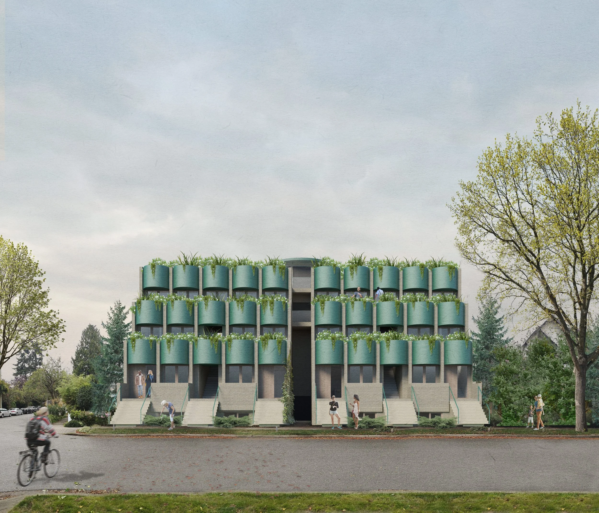 Design of a modern, eco-friendly apartment building with green plant-covered balconies and people walking and biking outside, surrounded by trees and a clear sky.