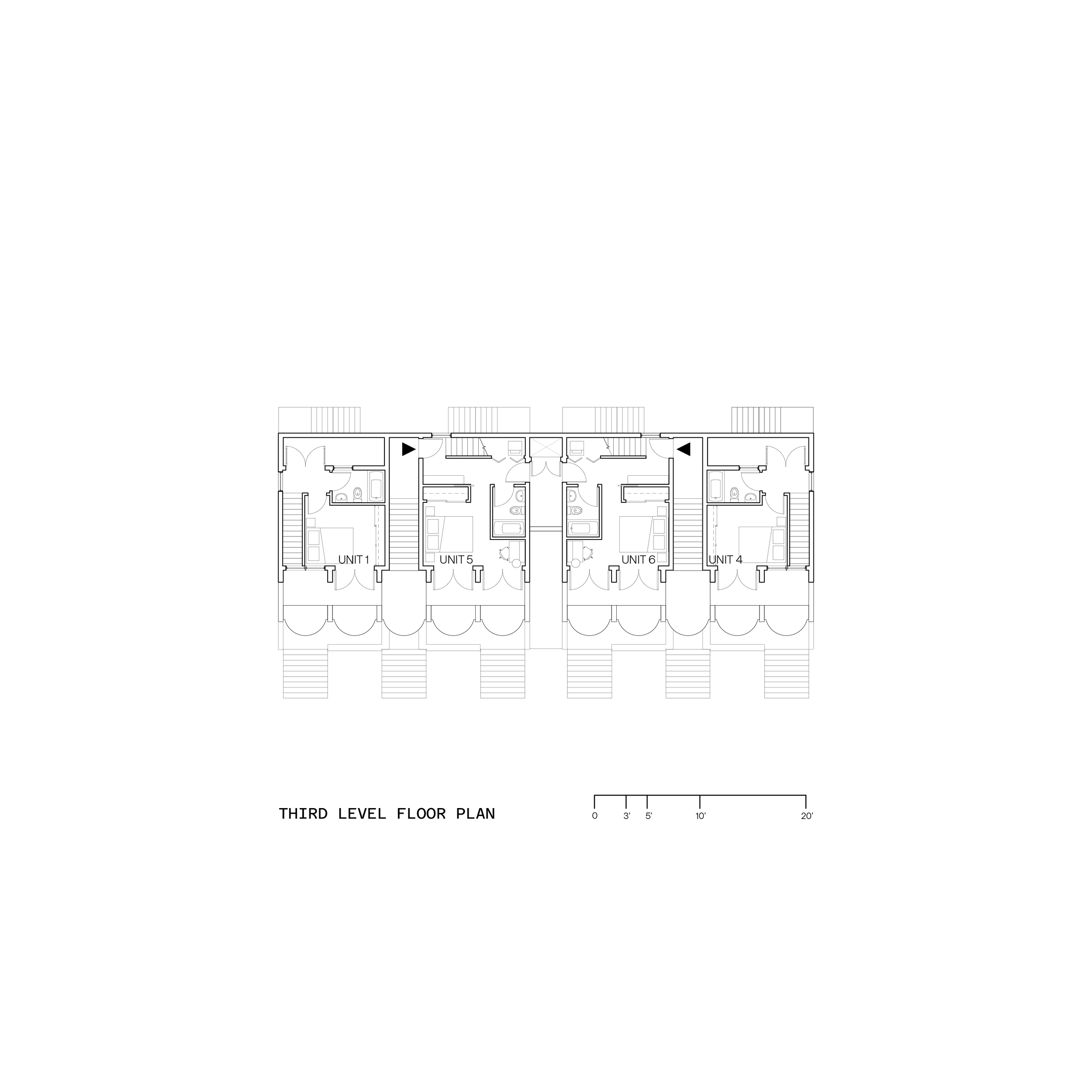 Floor plan of the third level of a residential building, showing four units labeled 1, 4, 5, and 6, with stairs, bathrooms, bedrooms, and outdoor patios, and a scale at the bottom.