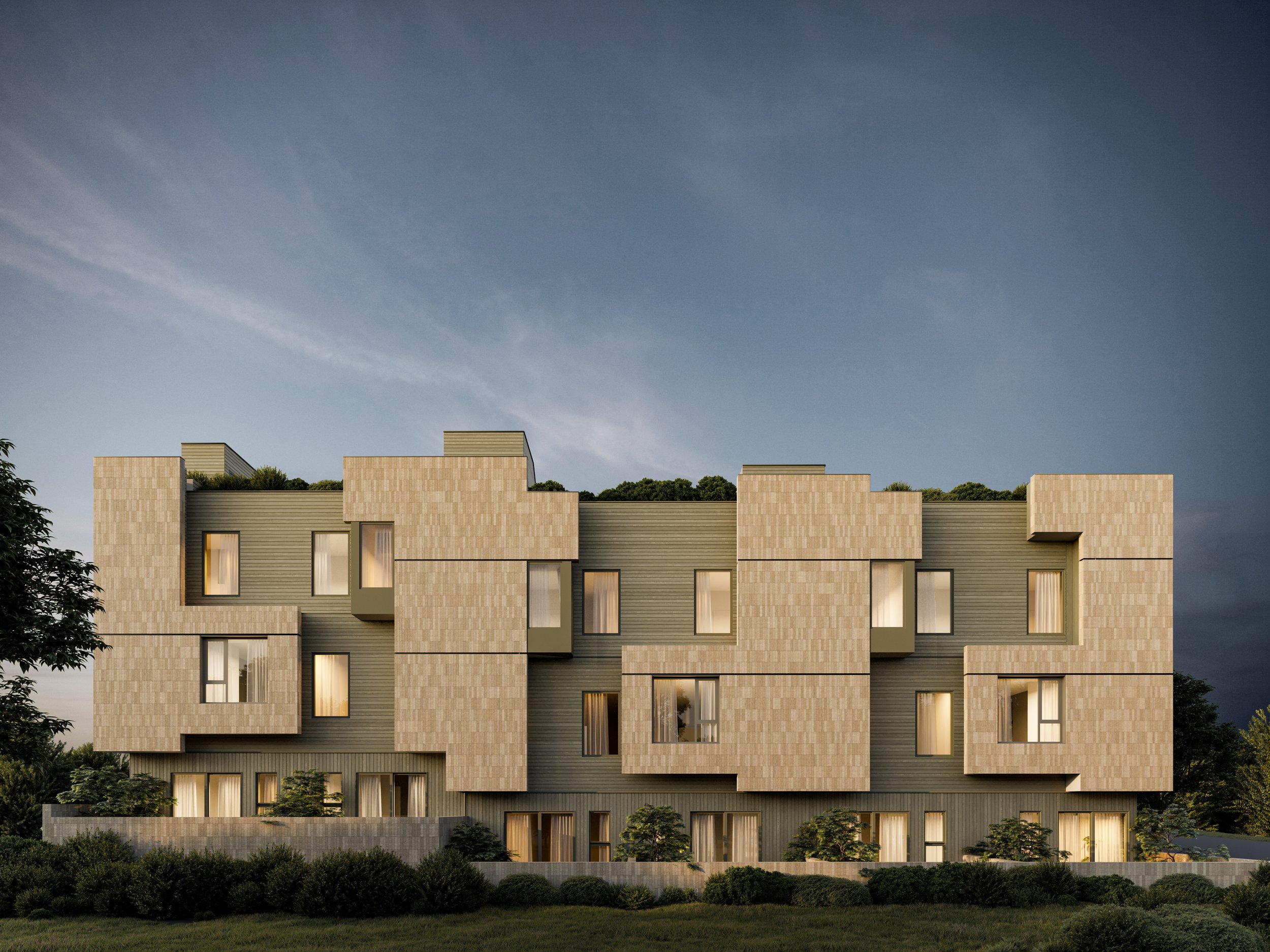 Modern multi-story apartment building with geometric beige facade and large windows, surrounded by greenery under a clear sky.