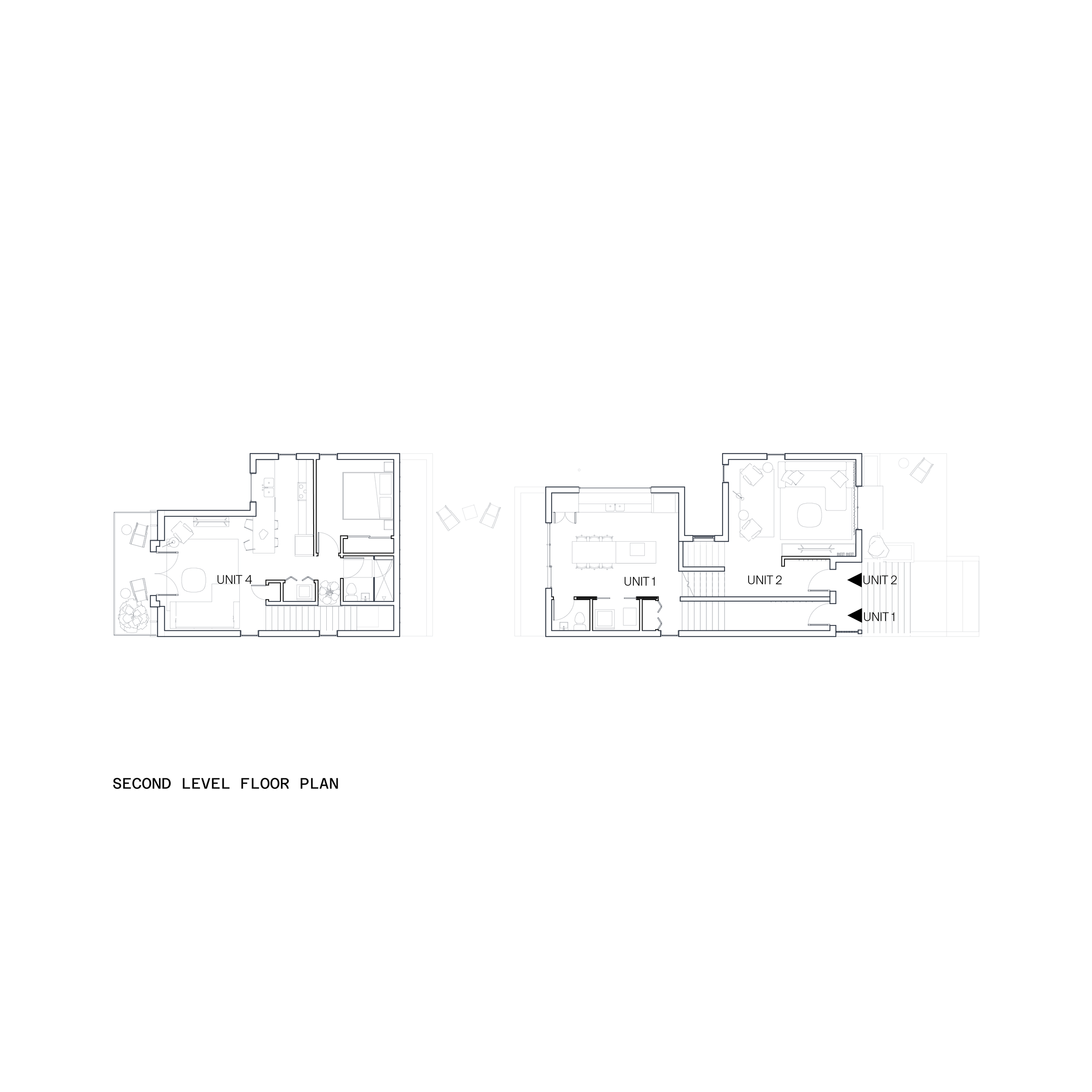 Architectural floor plan of second level of residential units, labeled unit 1, unit 2, and unit 4, including rooms, staircases, and furniture outlines.