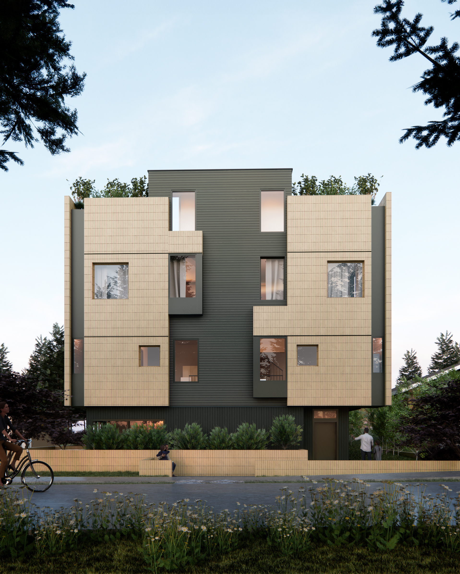 Modern multi-story residential building with beige and dark gray exterior panels, surrounded by trees, with people walking and biking nearby.
