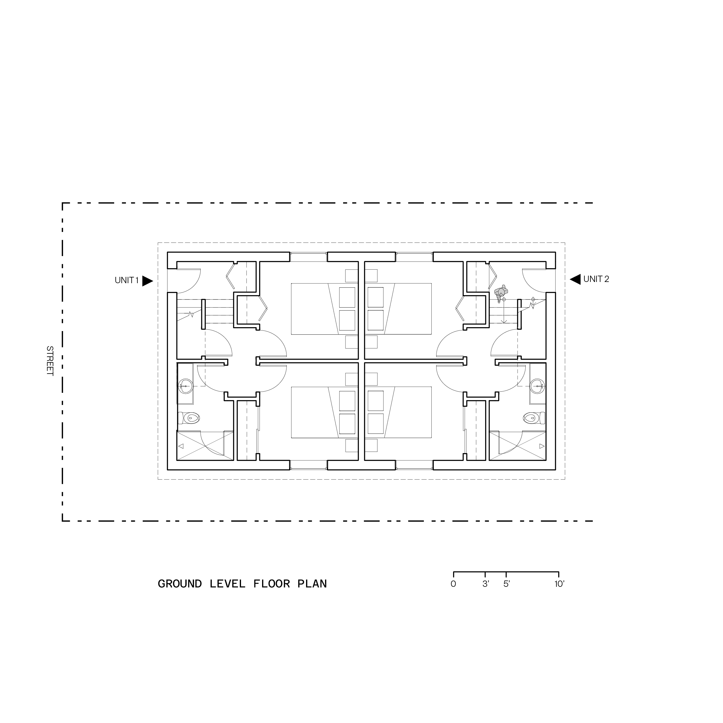 Ground level floor plan of a duplex residential building showing two units with bedrooms, bathrooms, and shared living spaces, along with street access.