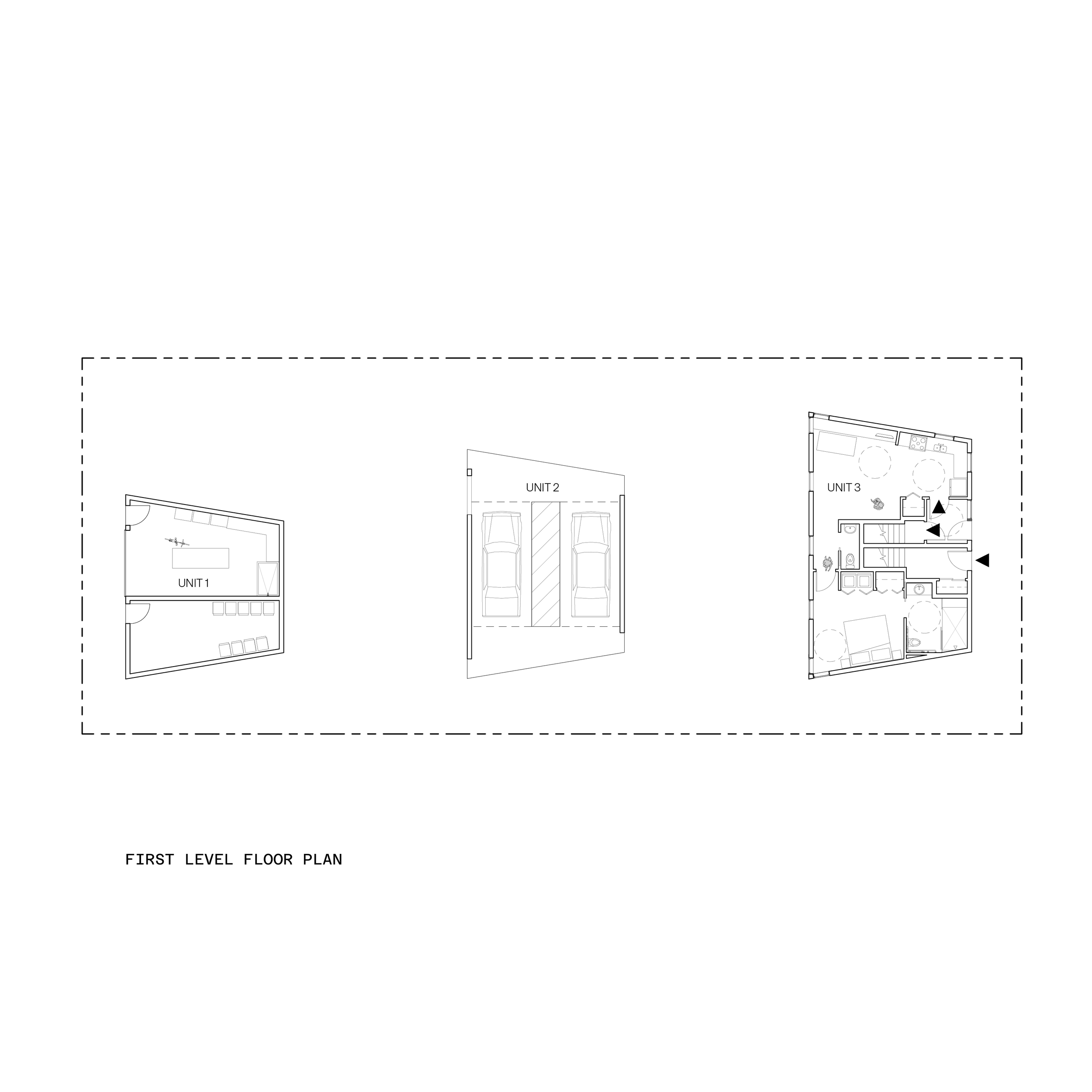 First level floor plan showing three units, labeled 1, 2, and 3, with the layout of each. Unit 1 appears to be a small living space, Unit 2 contains parking for two cars, and Unit 3 is a larger residential space with multiple rooms, including a living area, bedroom, and bathroom.