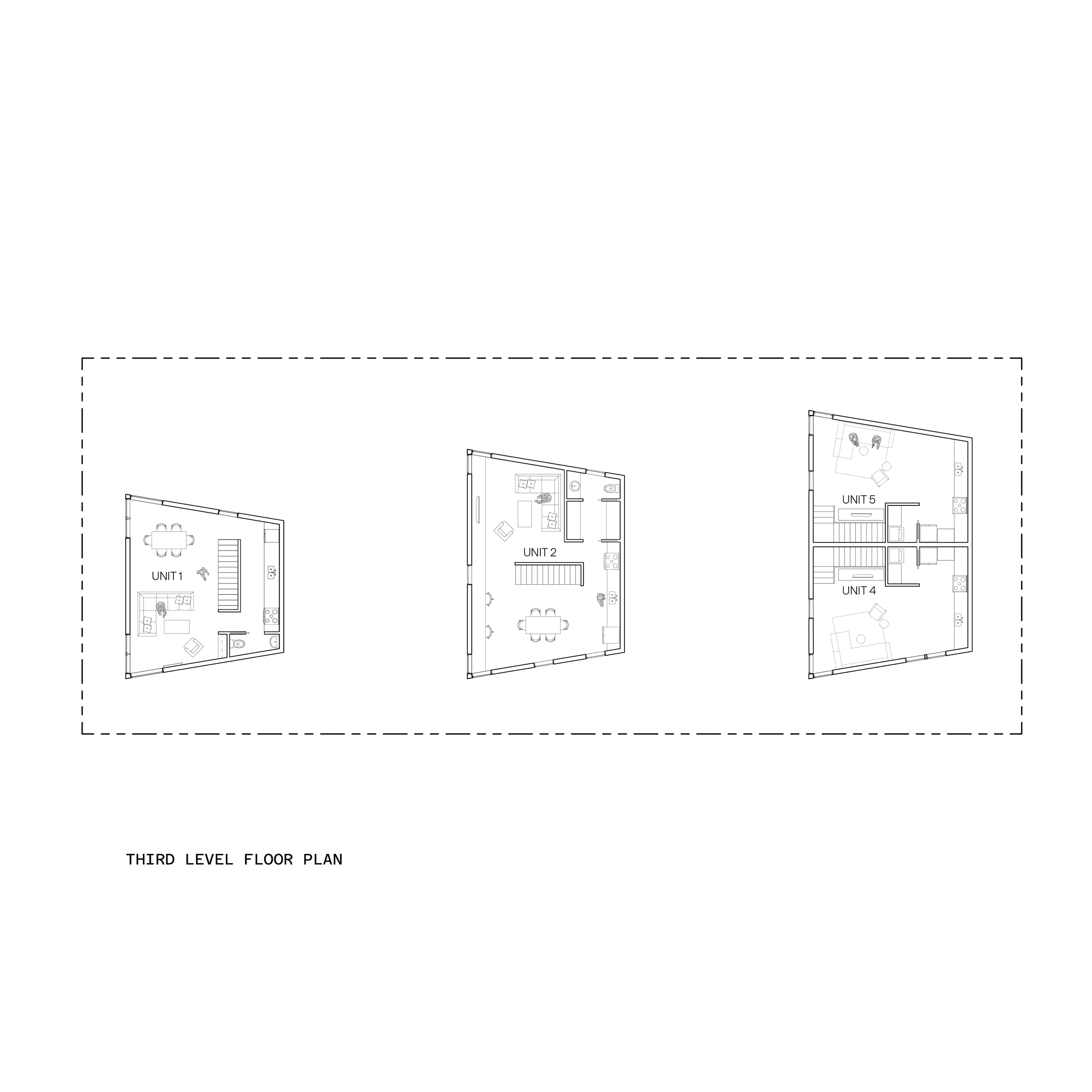 Floor plan of third level with three units labeled Unit 1, Unit 2, and Unit 4, and a split-level with stairs and rooms, labeled 'Third Level Floor Plan'.