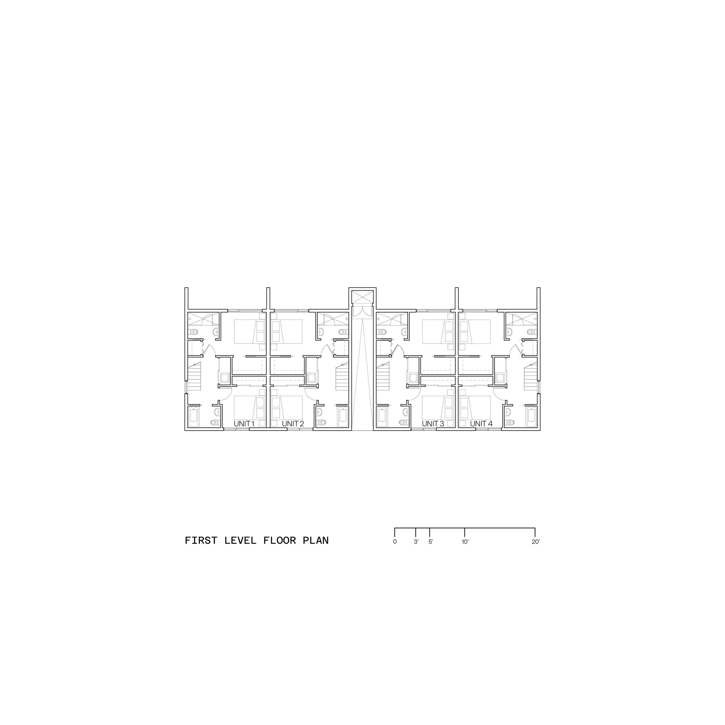 Architectural floor plan of the first level of a multi-unit residential building, showing four units labeled 1 to 4, each with bedrooms, bathrooms, and common areas, along with structural and utility details.