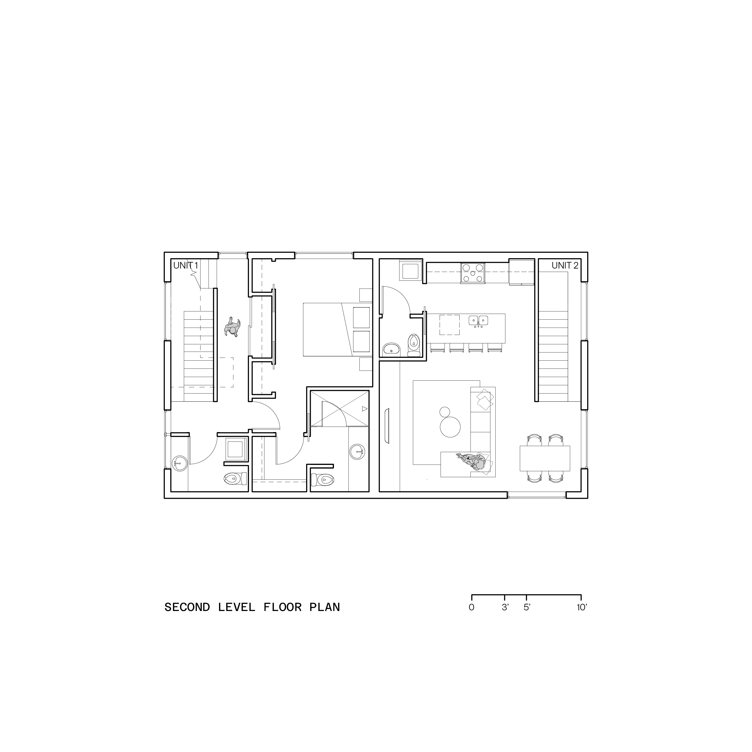 Floor plan of the second level in a residential building showing bedrooms, bathrooms, a living area, and a kitchen with dining space.