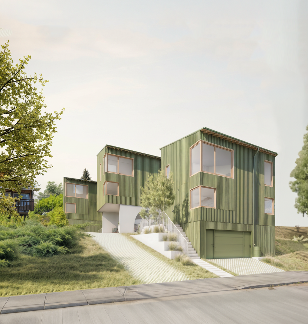 Modern green multi-level house with large windows and garage, situated on a sloped grassy hill with trees and shrubs, under a partly cloudy sky.