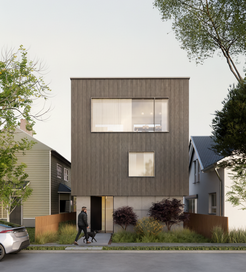 Modern three-story house with a dark wood exterior, large upper window, and small front yard with shrubs, trees, and a person walking a dog.