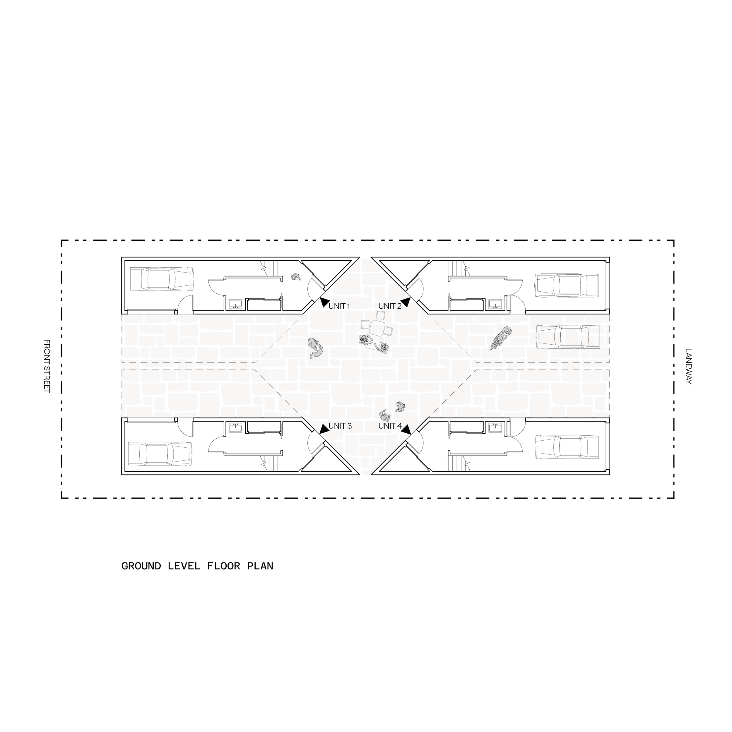 Ground level floor plan of a building with four units, each with parking spaces, accessed from front street and laneway, with central open courtyard area.