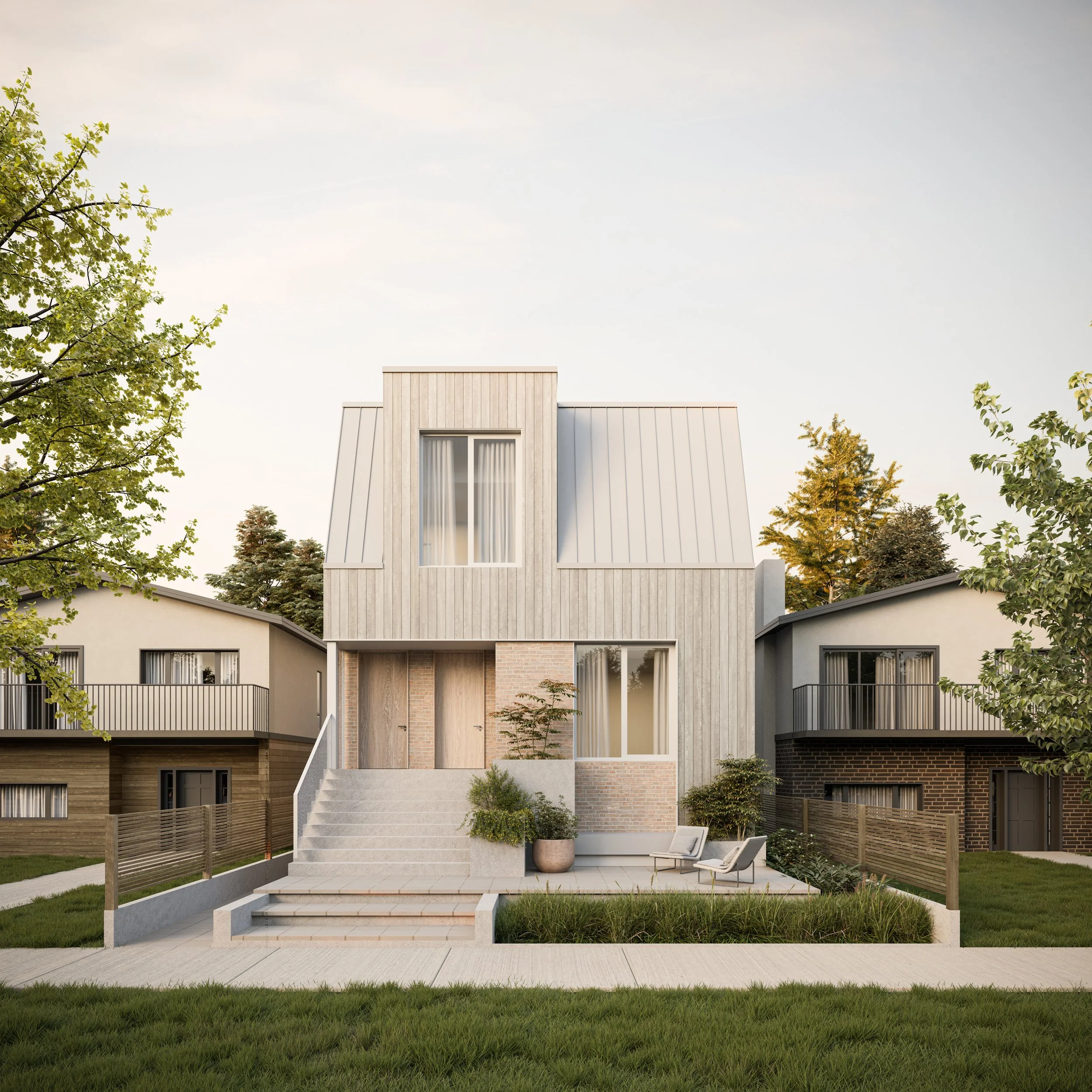 Modern multi-story house with stairs leading to the entrance, surrounded by greenery and neighboring houses with similar style and design.