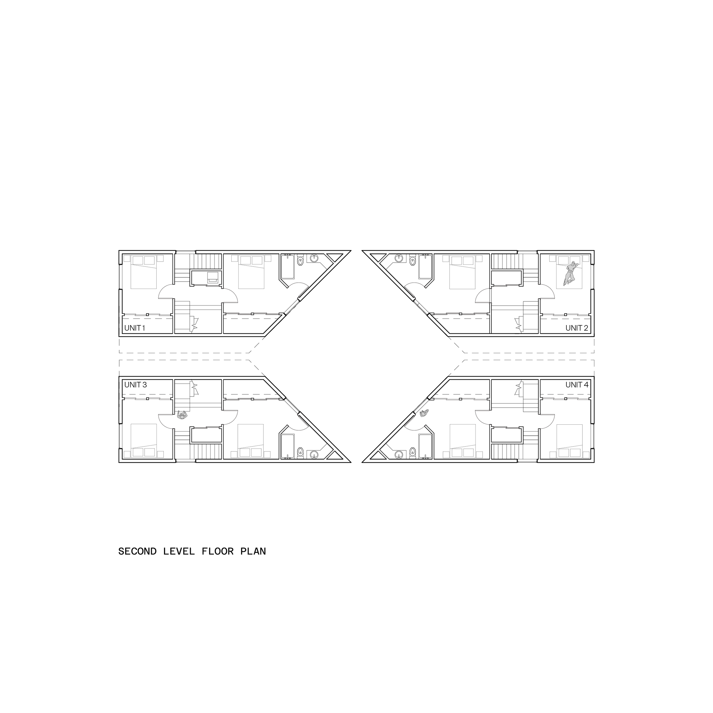 Second level floor plan of a multi-unit residential building with four units arranged around a central courtyard, labeled Units 1 through 4, showing interior layouts including bedrooms, bathrooms, and living areas.