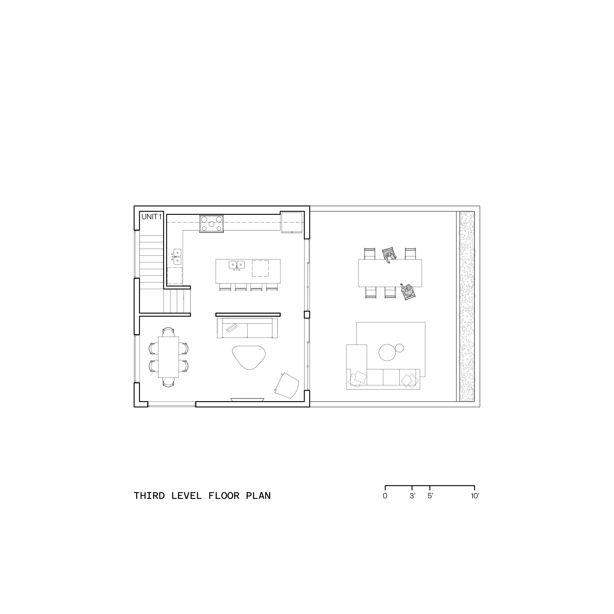Third level floor plan showing a kitchen, living area, dining area, and outdoor patio with furniture.