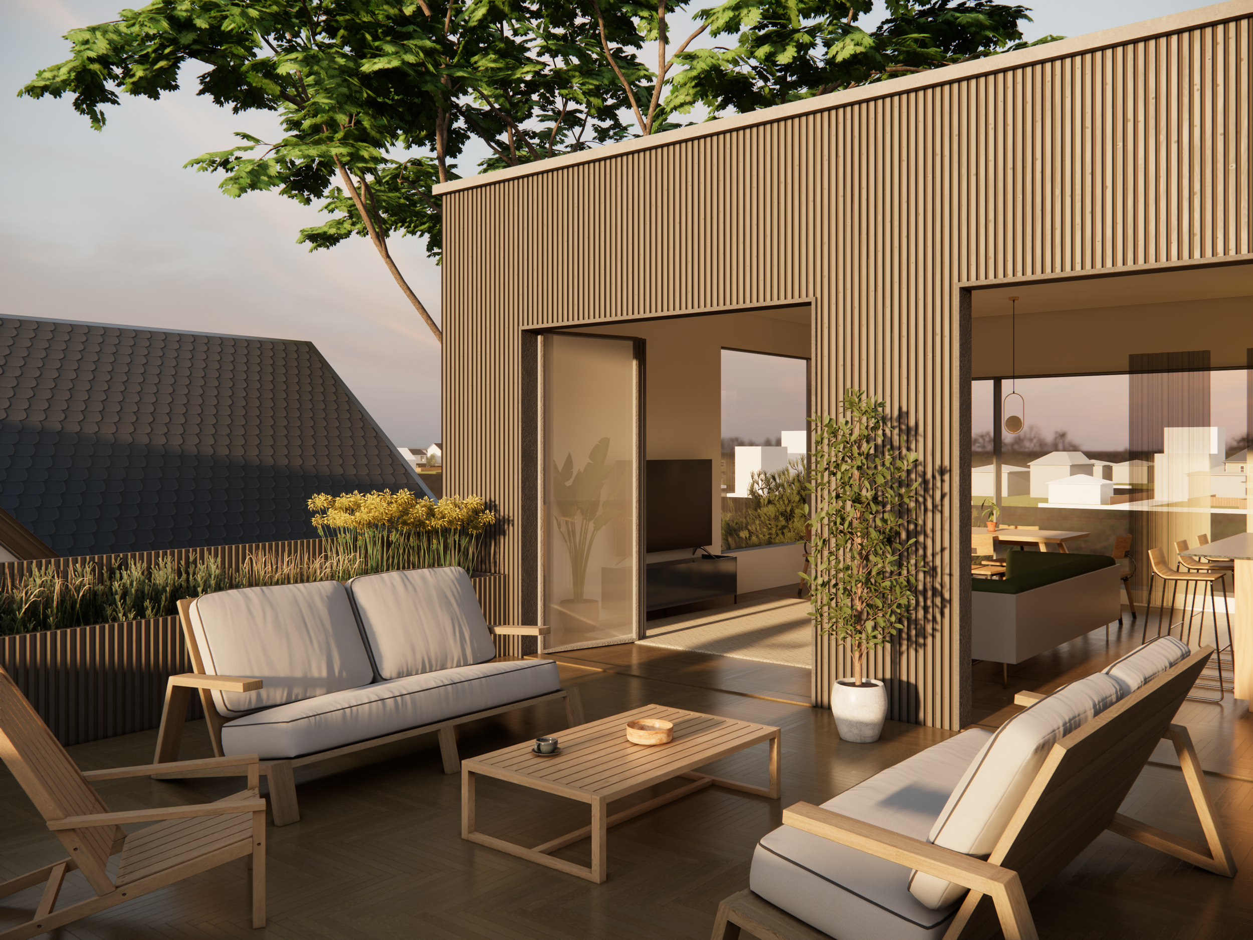 Modern rooftop terrace with outdoor seating, potted plants, and view into contemporary living room with large windows.
